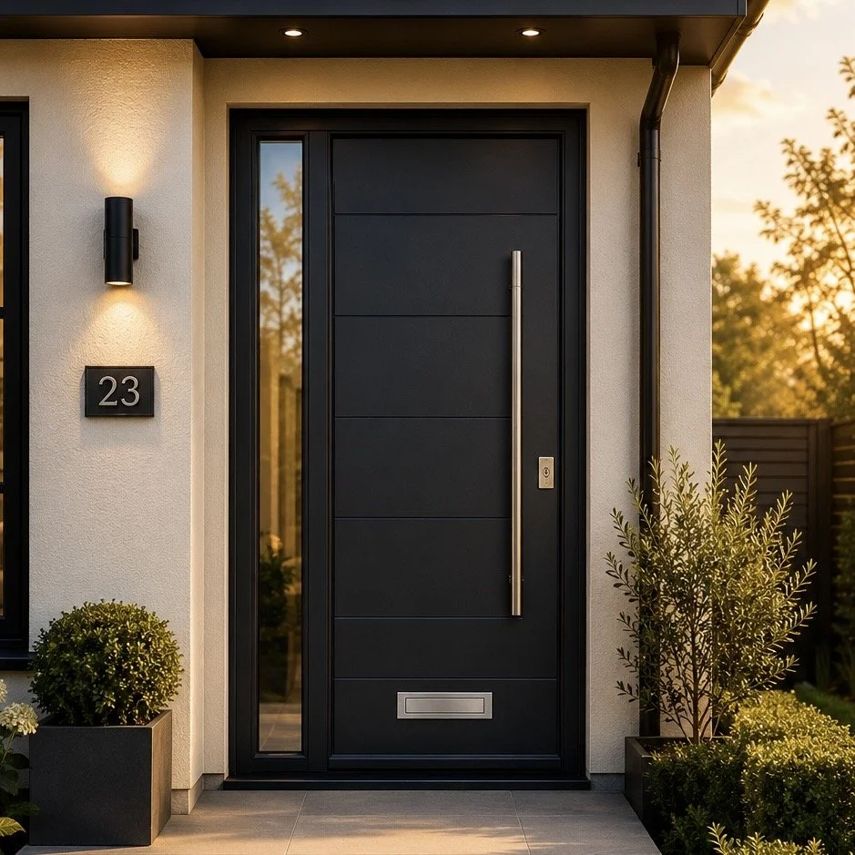 Modern black front door with vertical handle and mailbox, flanked by greenery and illuminated wall sconce, house number 23 displayed on wall.