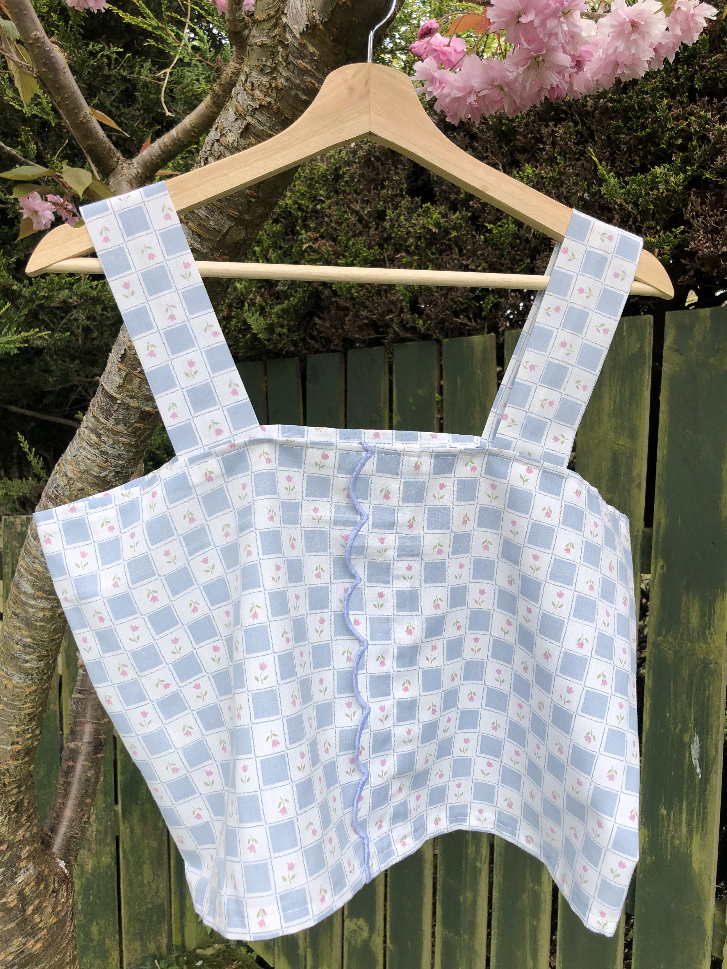 Repurposed Vintage Tablecloth Top, Pink Tulips. A bespoke top which has been handmade from a repurposed vintage tablecloth with a blue and white check pattern and small pink tulip print.