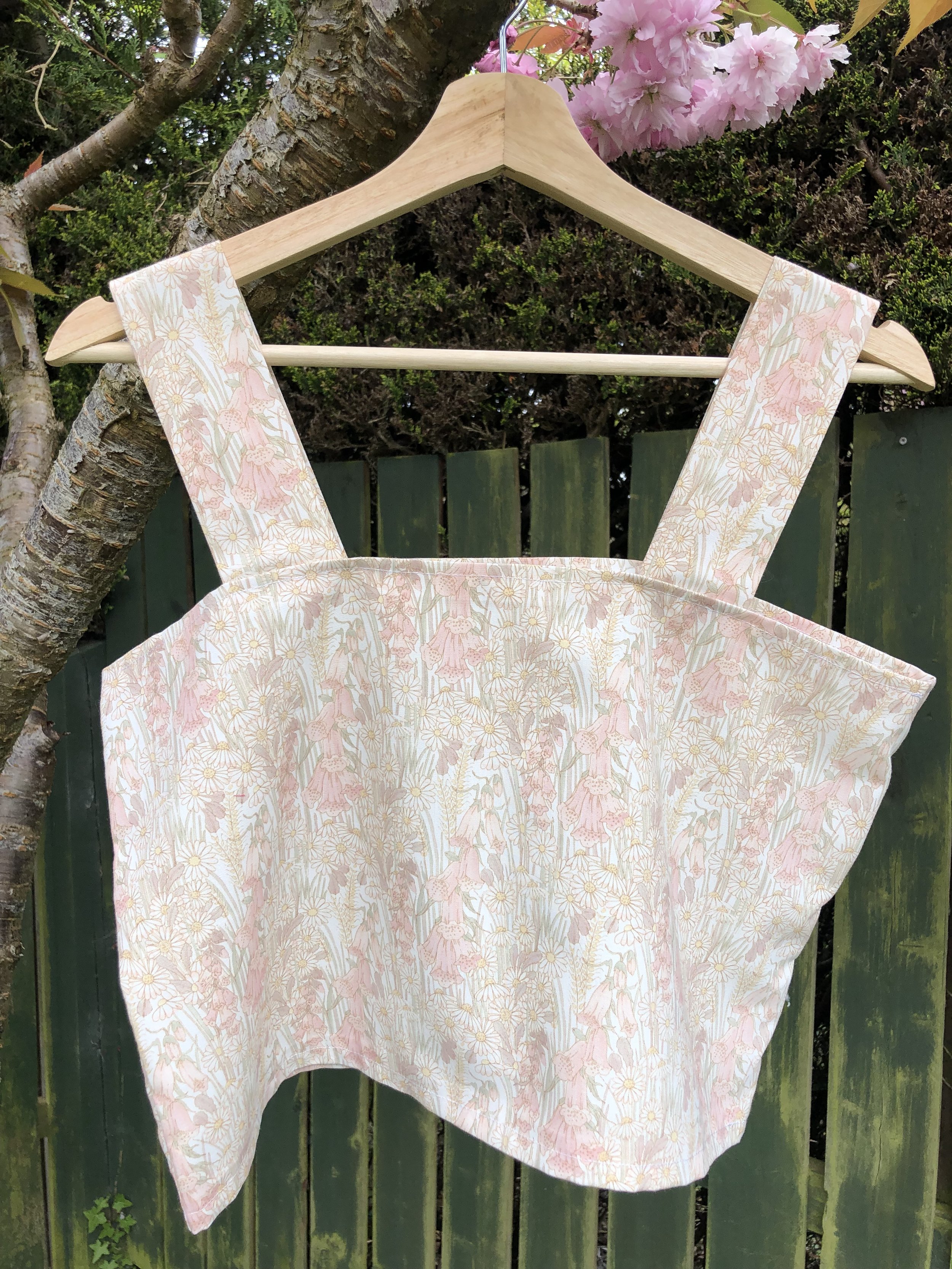 Repurposed Vintage Tablecloth Top, Pink Tulips. A bespoke top which has been handmade from a repurposed vintage tablecloth with a blue and white check pattern and small pink tulip print.