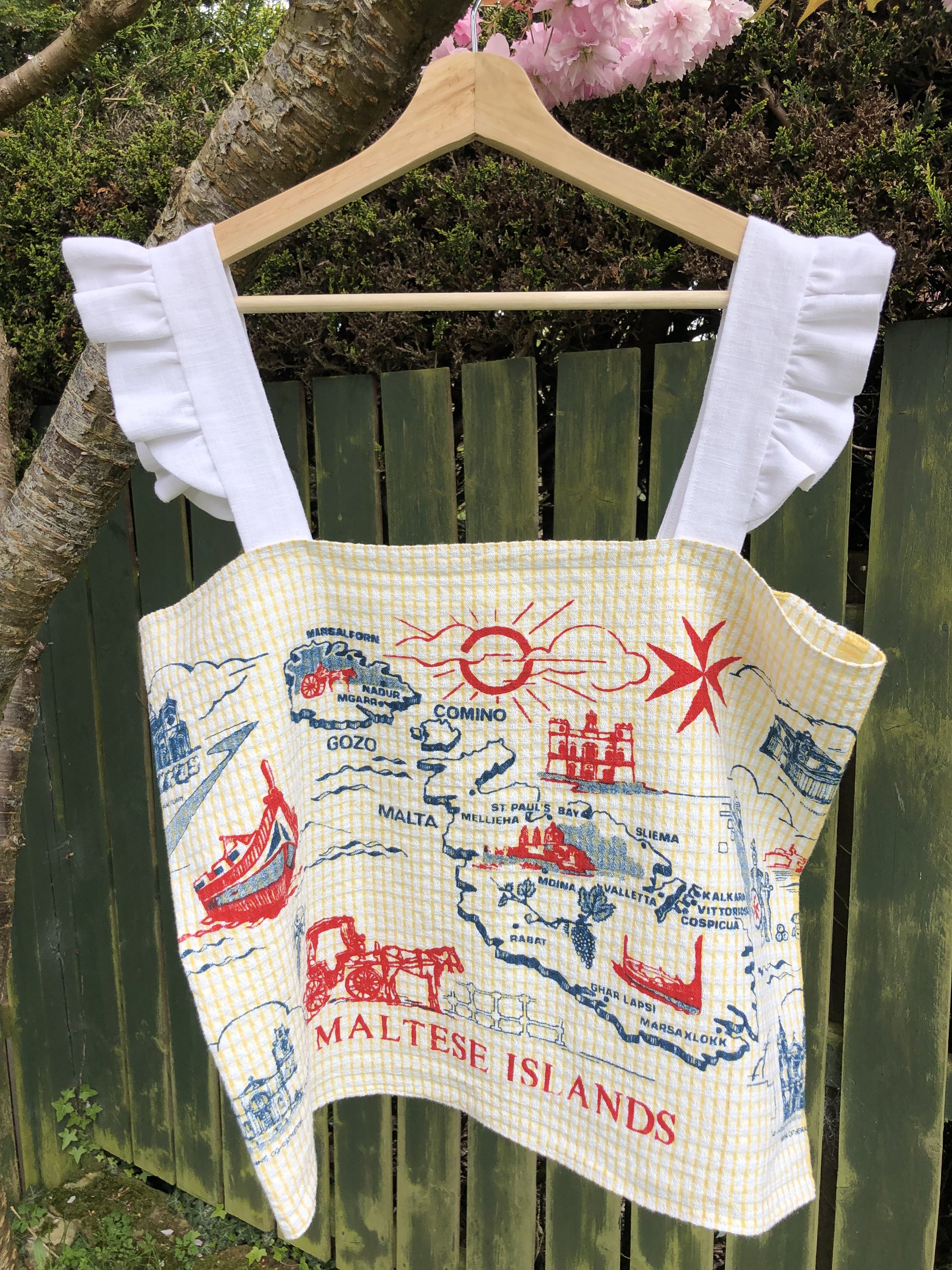 Repurposed Vintage Tea-Towel Top, Yellow, Maltese Holiday.