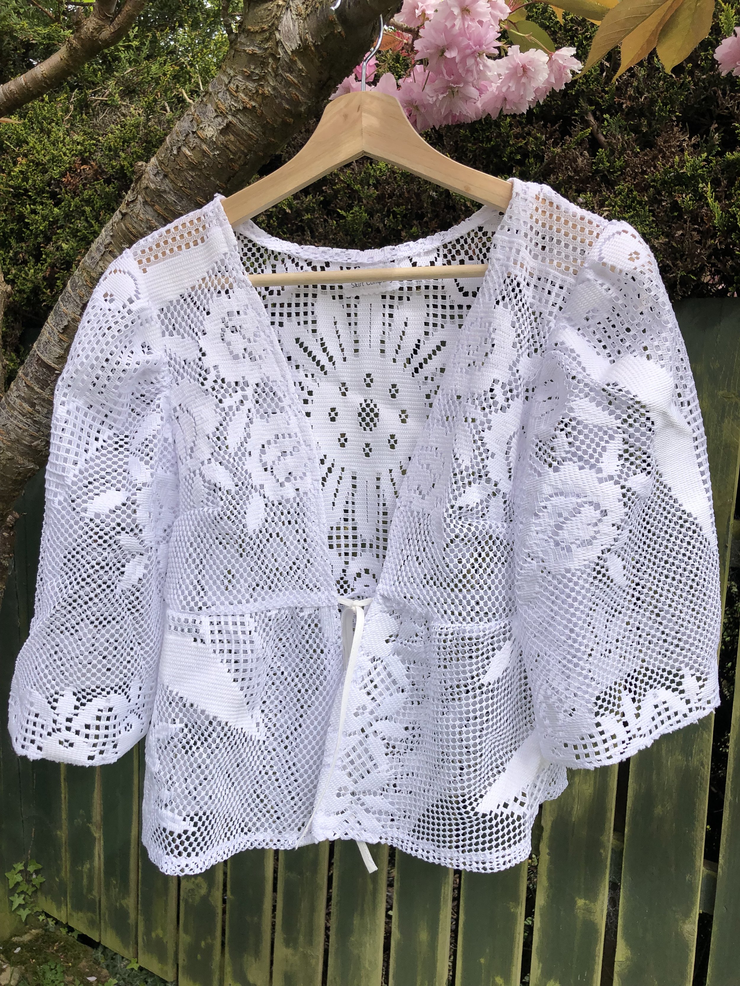 Repurposed Vintage Tablecloth Blouse, White Lace. A bespoke blouse which has been handmade from a repurposed vintage tablecloth in a beautiful white lace.