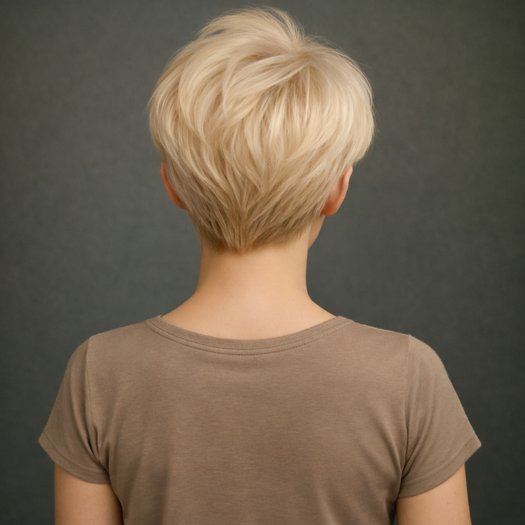 Rear view of a woman with platinum blonde, short, layered haircut against dark background.