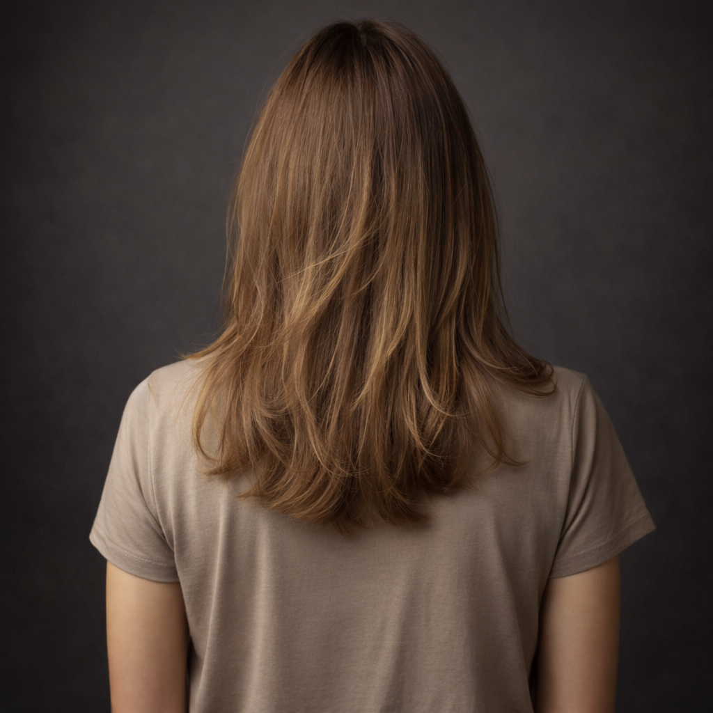 Back of a woman with shoulder-length brown hair wearing a beige t-shirt against a dark background.