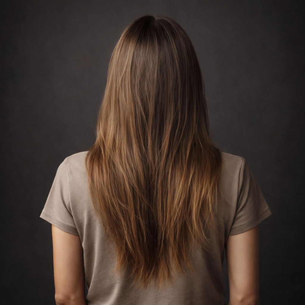 A person with long, straight, light brown hair wearing a beige t-shirt, facing away from the camera against a dark background.