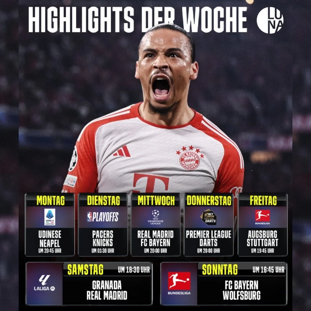 Verpasst die Highlights der Woche nicht!!! 
#fussball #playoffs #championsleague #dart #bundesliga #laliga #realmadrid #bayern #shisha #lunagardenlounge #bar #fy