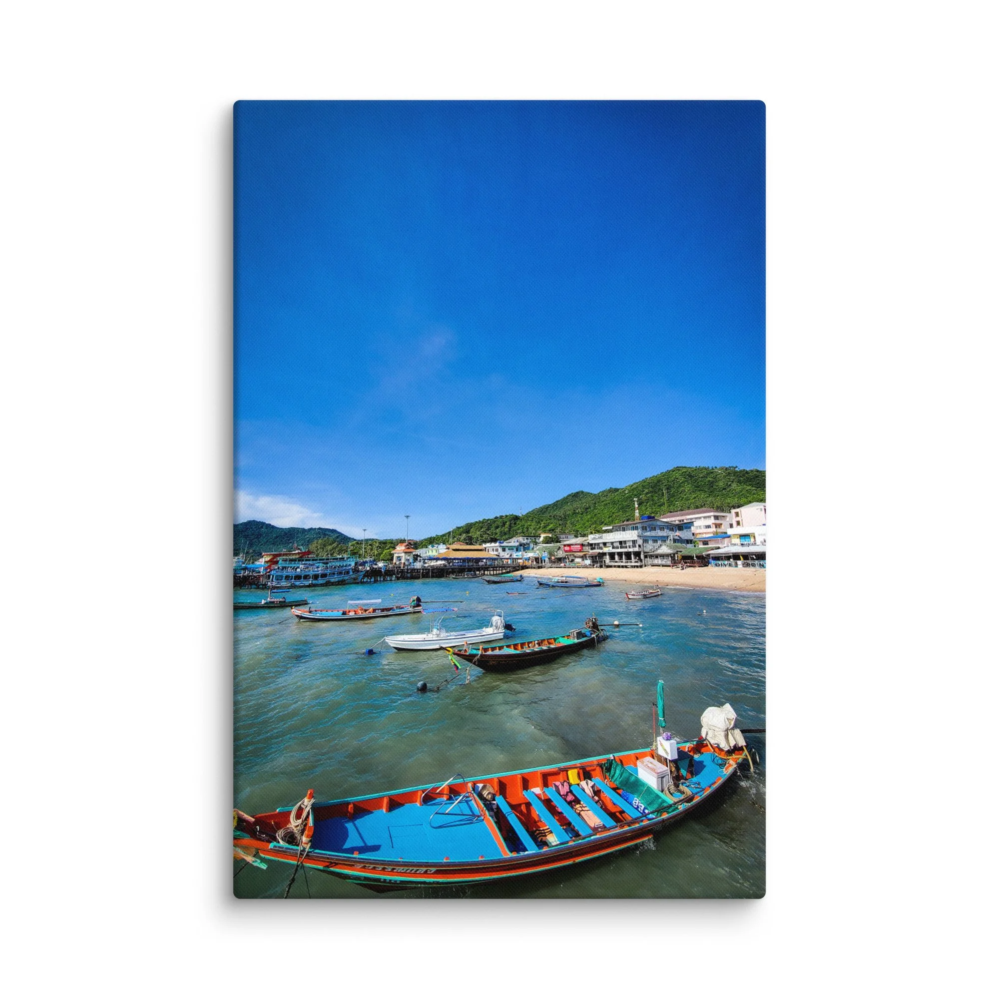 thai-longtail-boats-krabi-thailand-canvas-print.jpg Vibrant Thai longtail boats in Krabi harbor, tropical Thailand travel photography canvas print – beach wall art decor