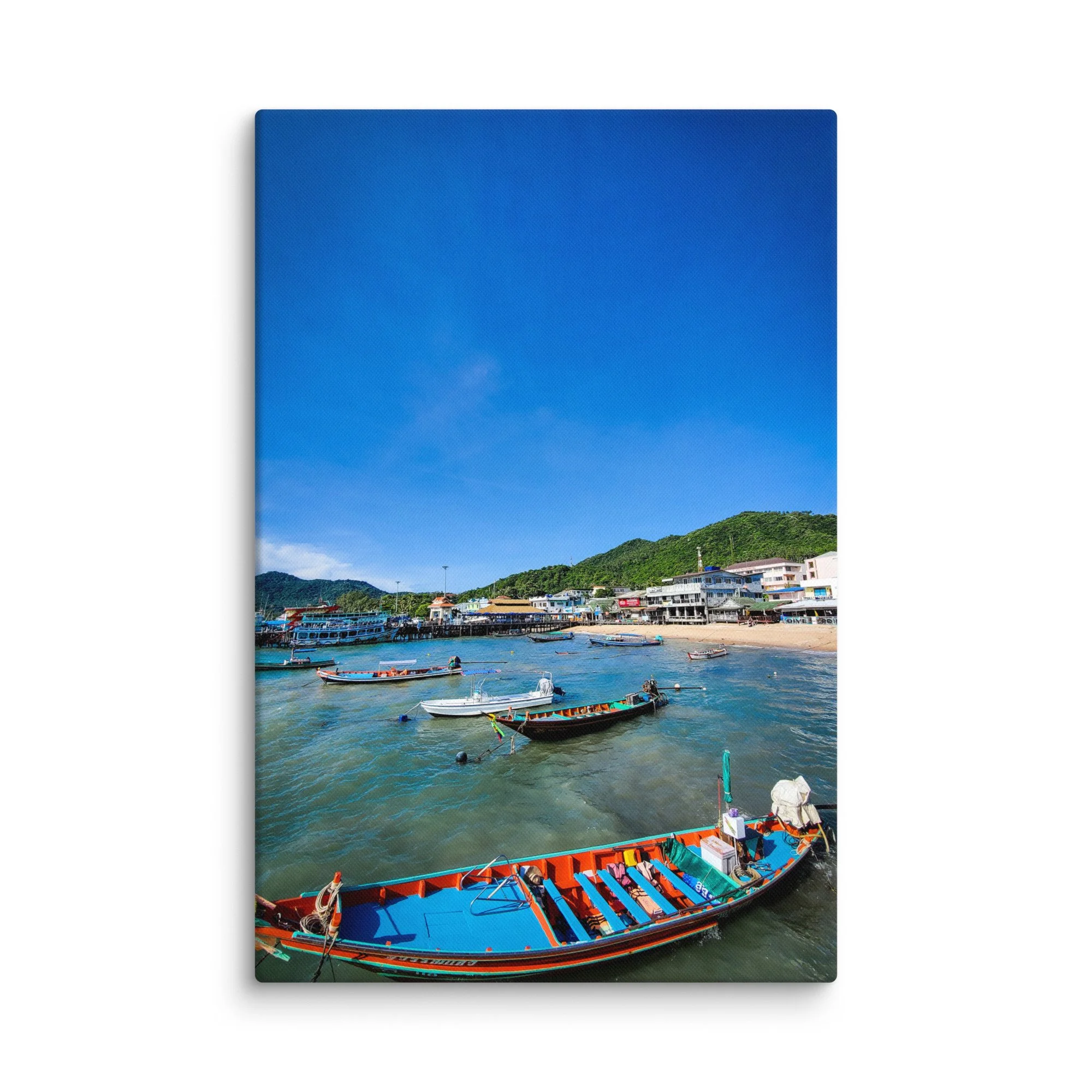 thai-longtail-boats-krabi-thailand-canvas-print.jpg Vibrant Thai longtail boats in Krabi harbor, tropical Thailand travel photography canvas print – beach wall art decor