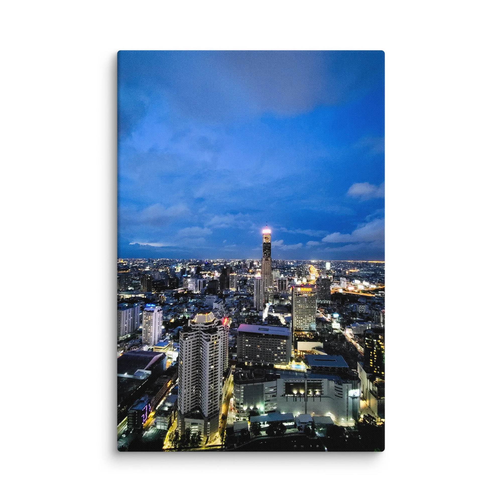 Twilight Bangkok skyline with illuminated Mahanakhon tower and sprawling city lights over skyscrapers – Thailand urban travel photography canvas print wall art decor