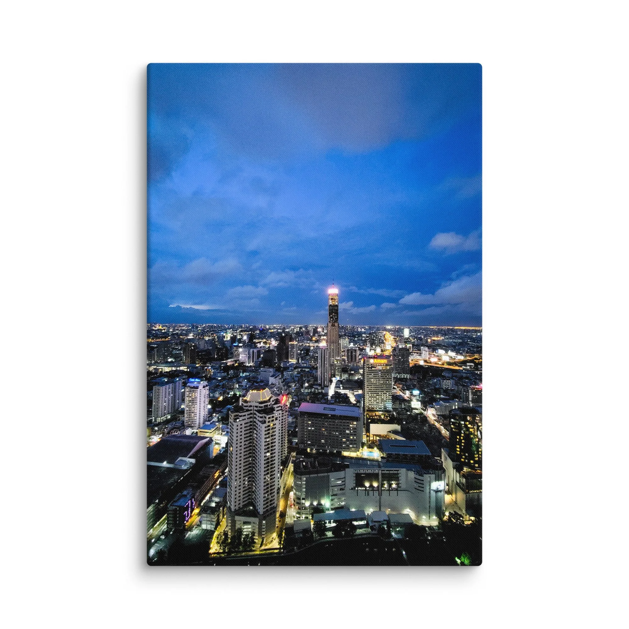 Twilight Bangkok skyline with illuminated Mahanakhon tower and sprawling city lights over skyscrapers – Thailand urban travel photography canvas print wall art decor