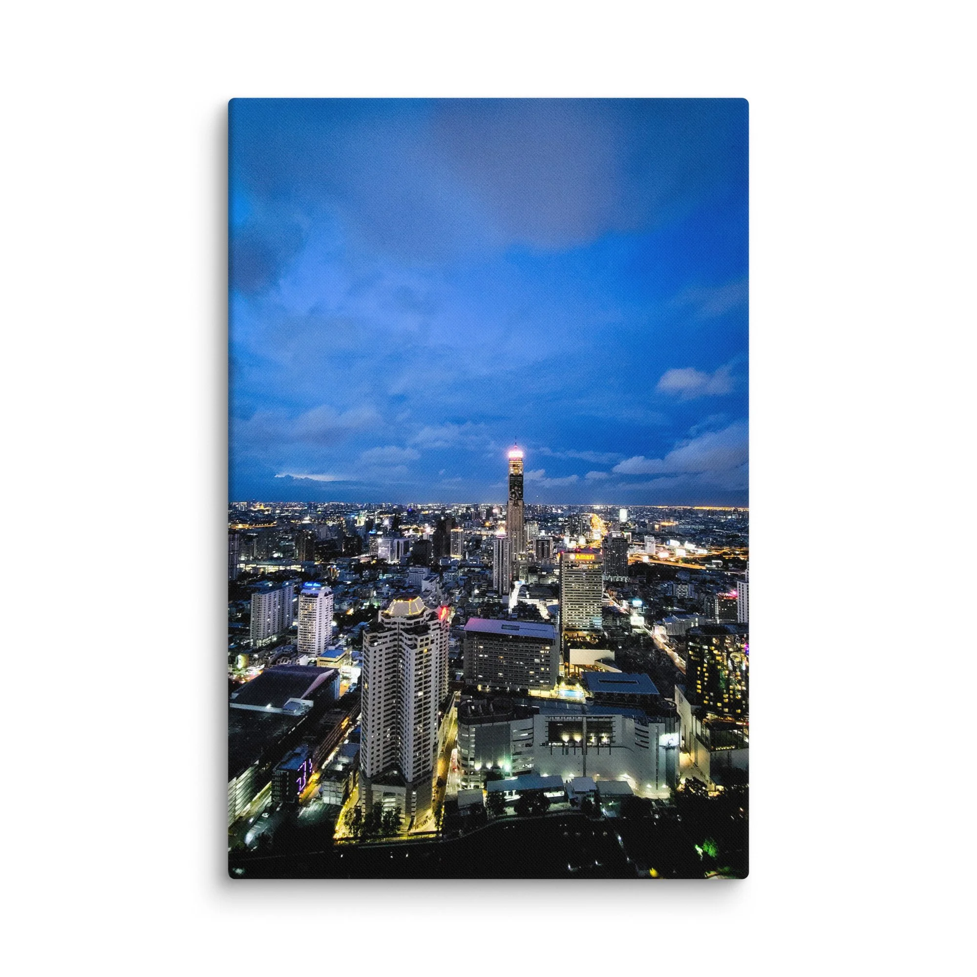 Twilight Bangkok skyline with illuminated Mahanakhon tower and sprawling city lights over skyscrapers – Thailand urban travel photography canvas print wall art decor