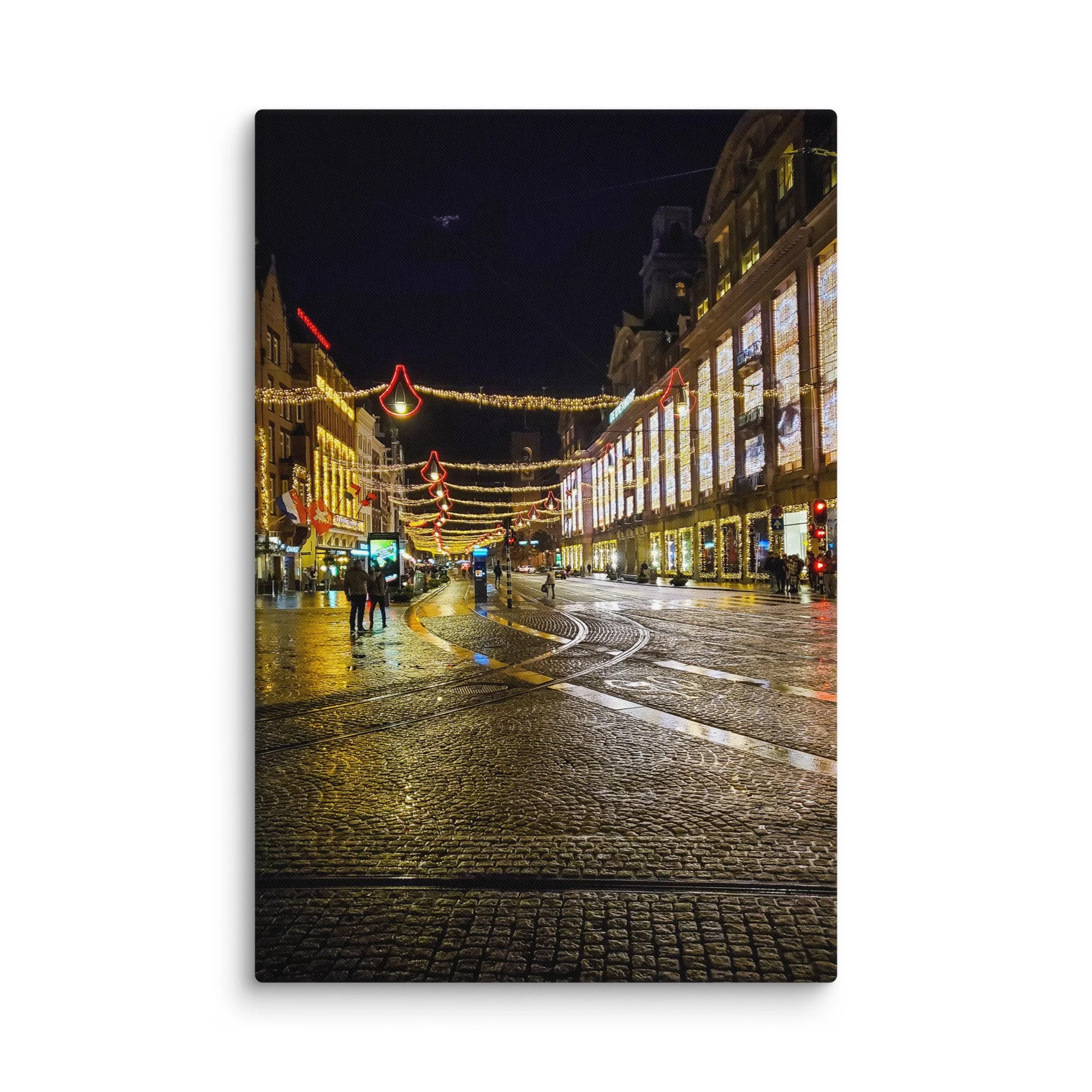 Festive nighttime Dutch street with red lantern arches, holiday lights and historic buildings – Netherlands winter travel photography canvas print wall art decor