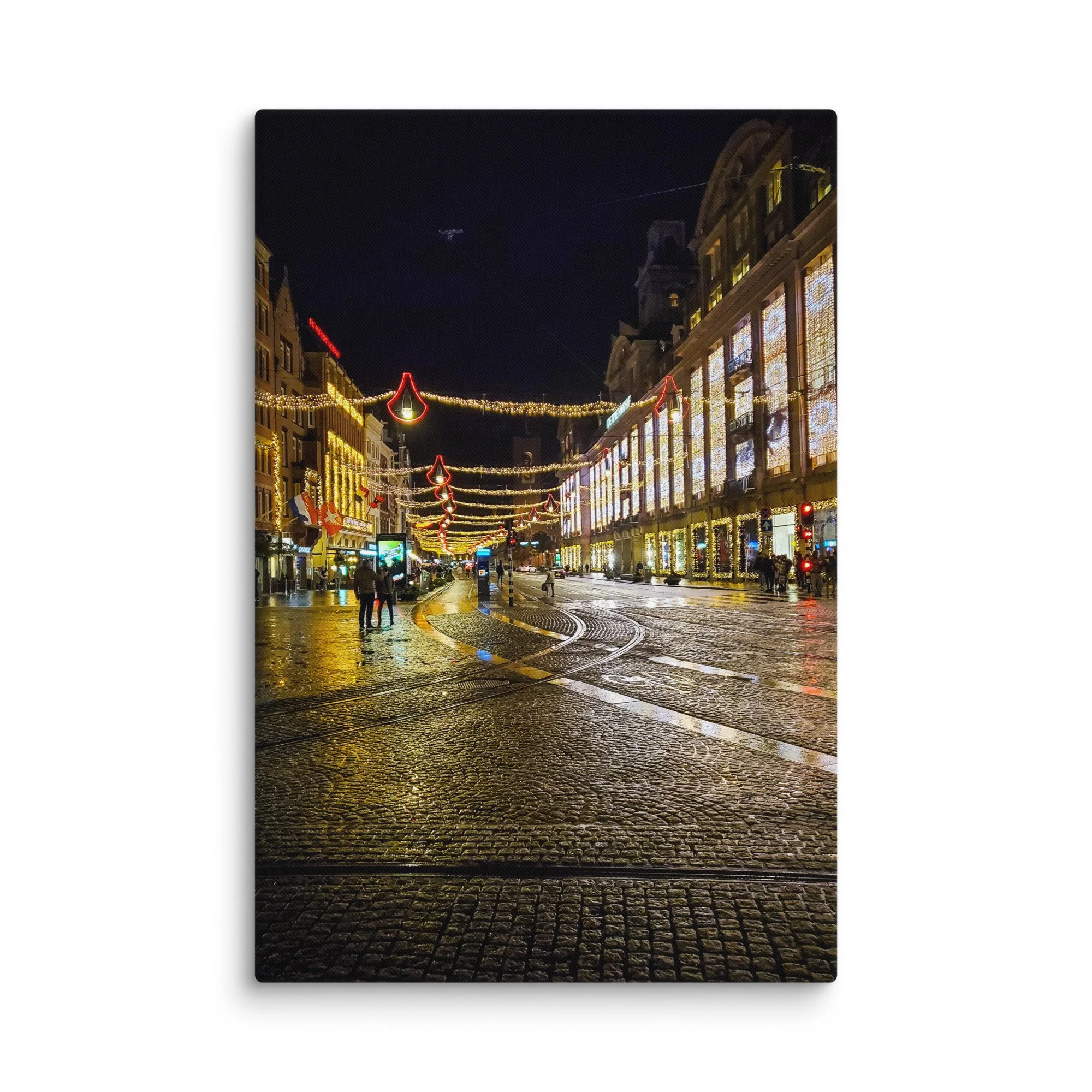 Festive nighttime Dutch street with red lantern arches, holiday lights and historic buildings – Netherlands winter travel photography canvas print wall art decor