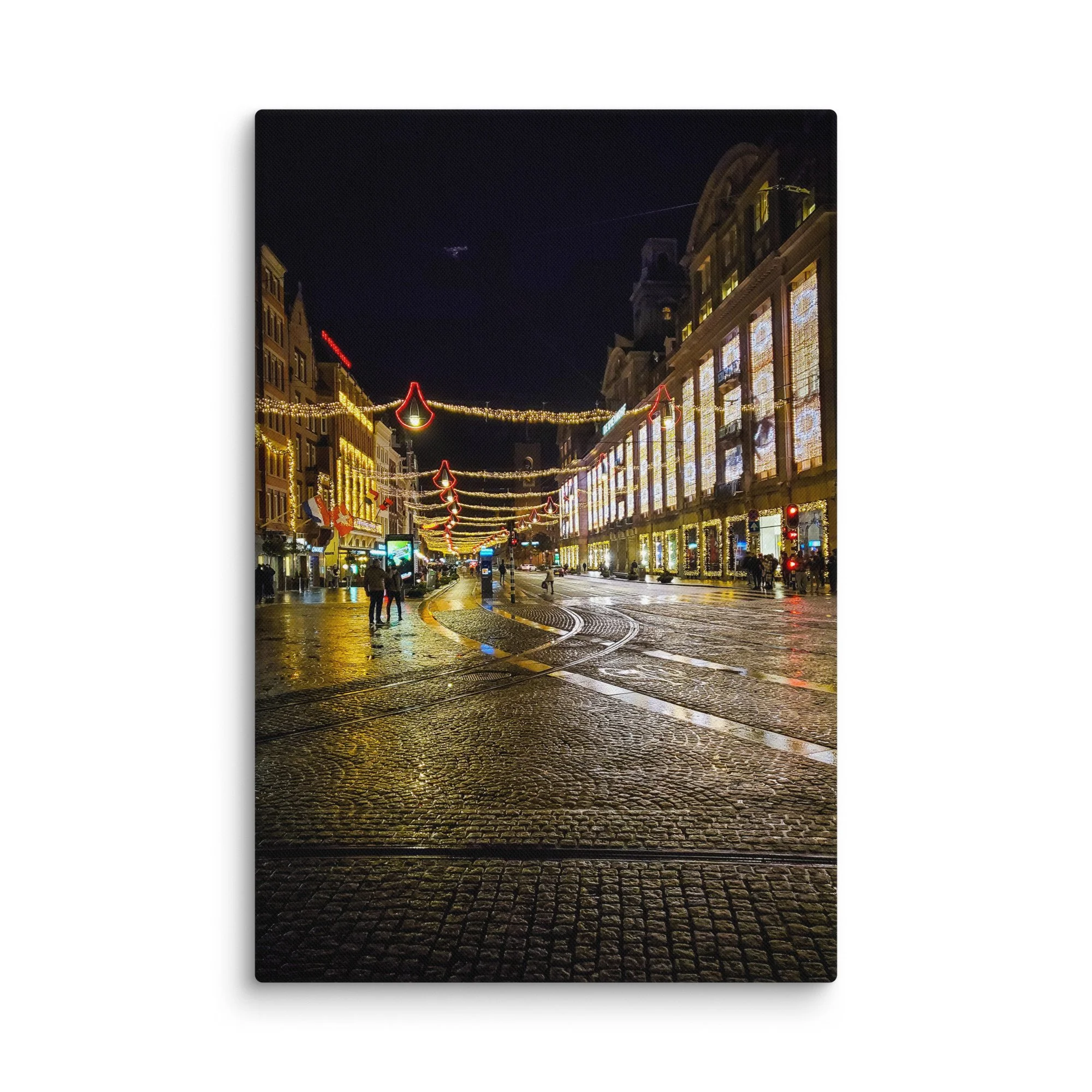 Festive nighttime Dutch street with red lantern arches, holiday lights and historic buildings – Netherlands winter travel photography canvas print wall art decor