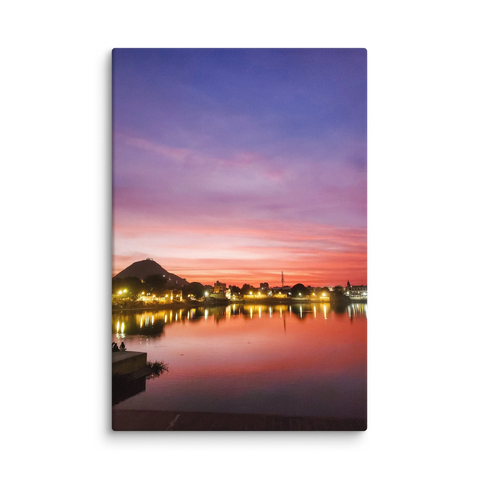 Serene sunset over Pushkar Lake with reflected colorful skies, hilltop temple and peaceful ghats – sacred Rajasthan India travel photography canvas print wall art decor