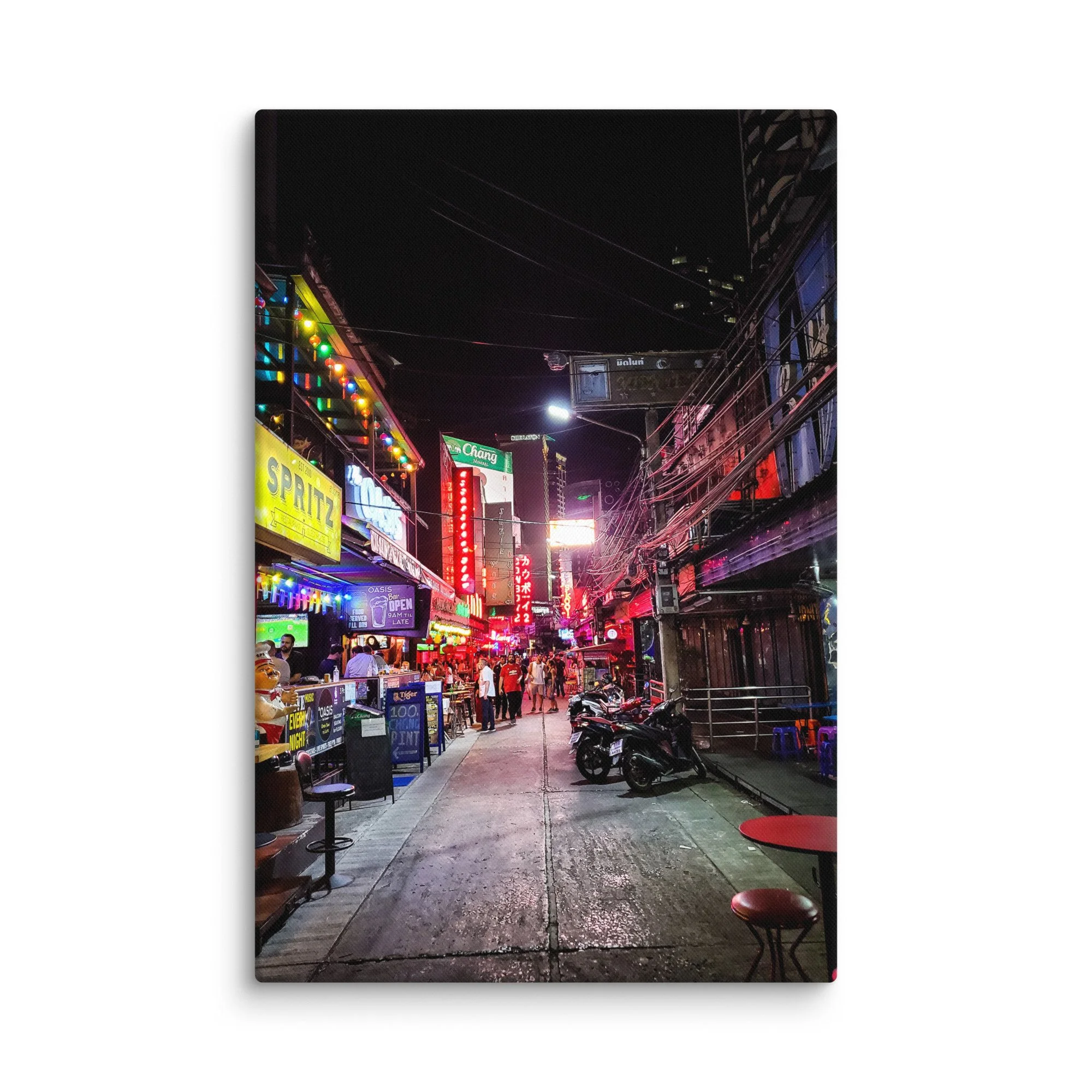 Vibrant Bangkok nightlife alley with neon signs like Chang & Oasis, crowds and wet street reflections – Thailand neon travel photography canvas print wall art decor