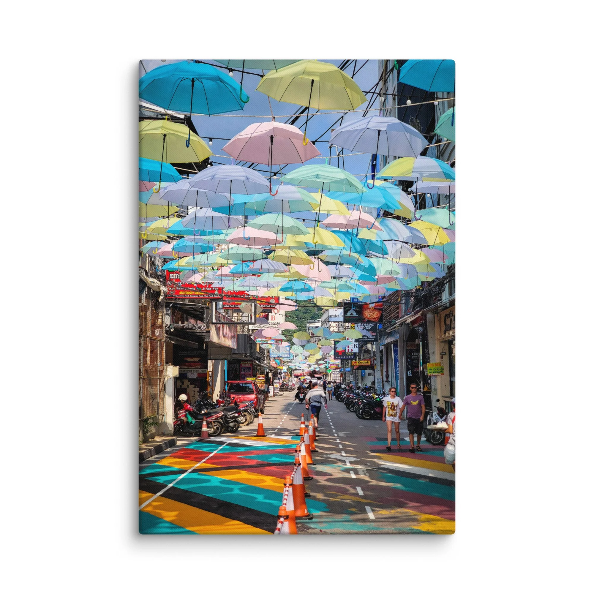 Sunny Phuket island alley with colorful buildings, hanging plants, scooters and tropical vibe – Thailand travel photography canvas print wall art decor