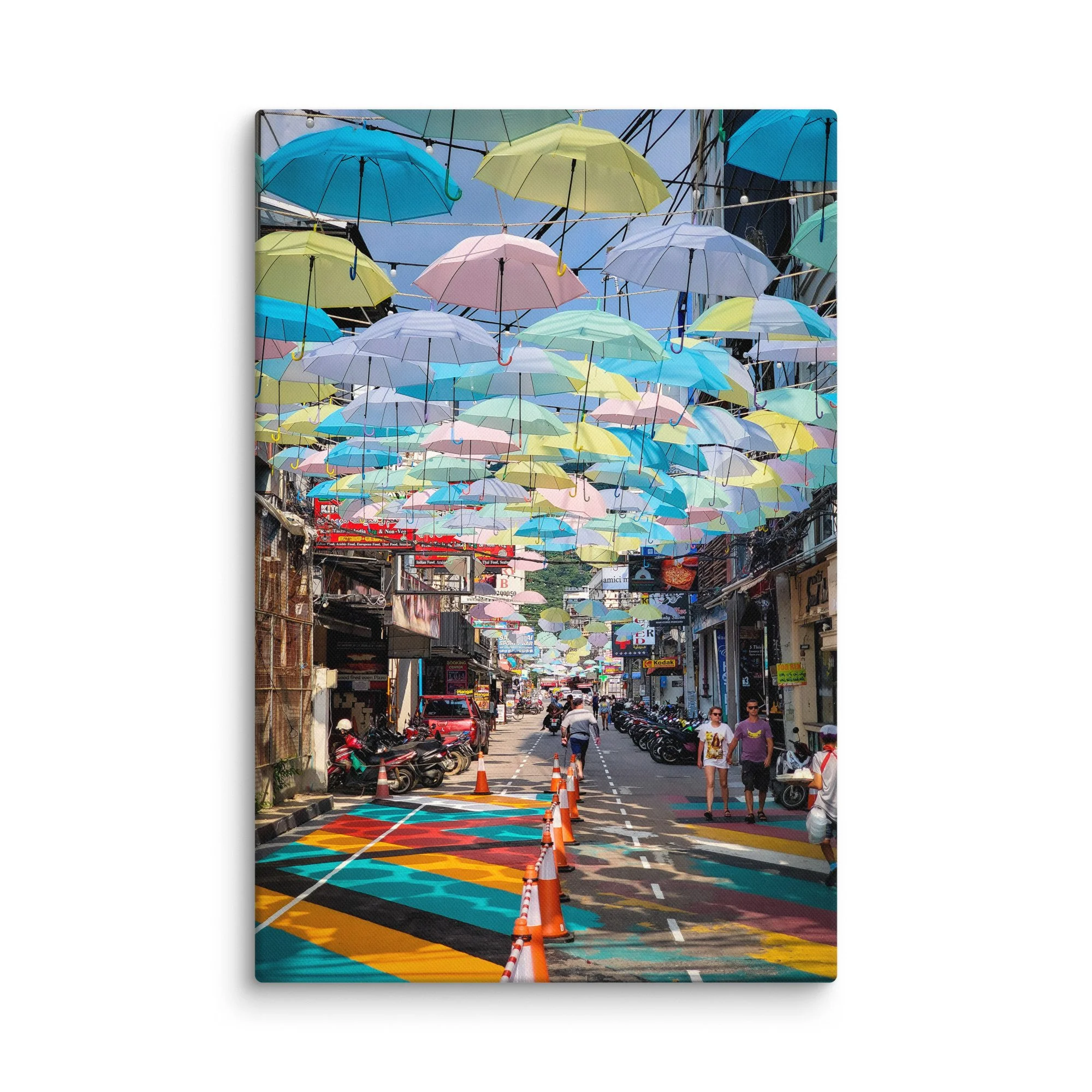 Sunny Phuket island alley with colorful buildings, hanging plants, scooters and tropical vibe – Thailand travel photography canvas print wall art decor