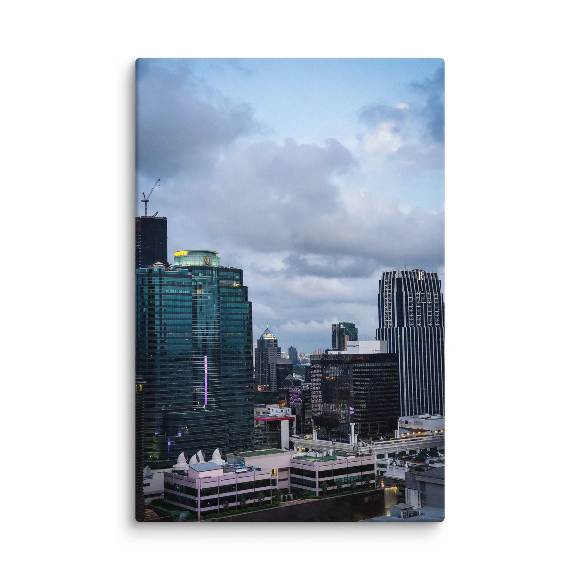Elegant twilight Bangkok skyline from high-rise with modern skyscrapers, glowing towers and purple-blue sky – Thailand urban travel photography canvas print wall art decor