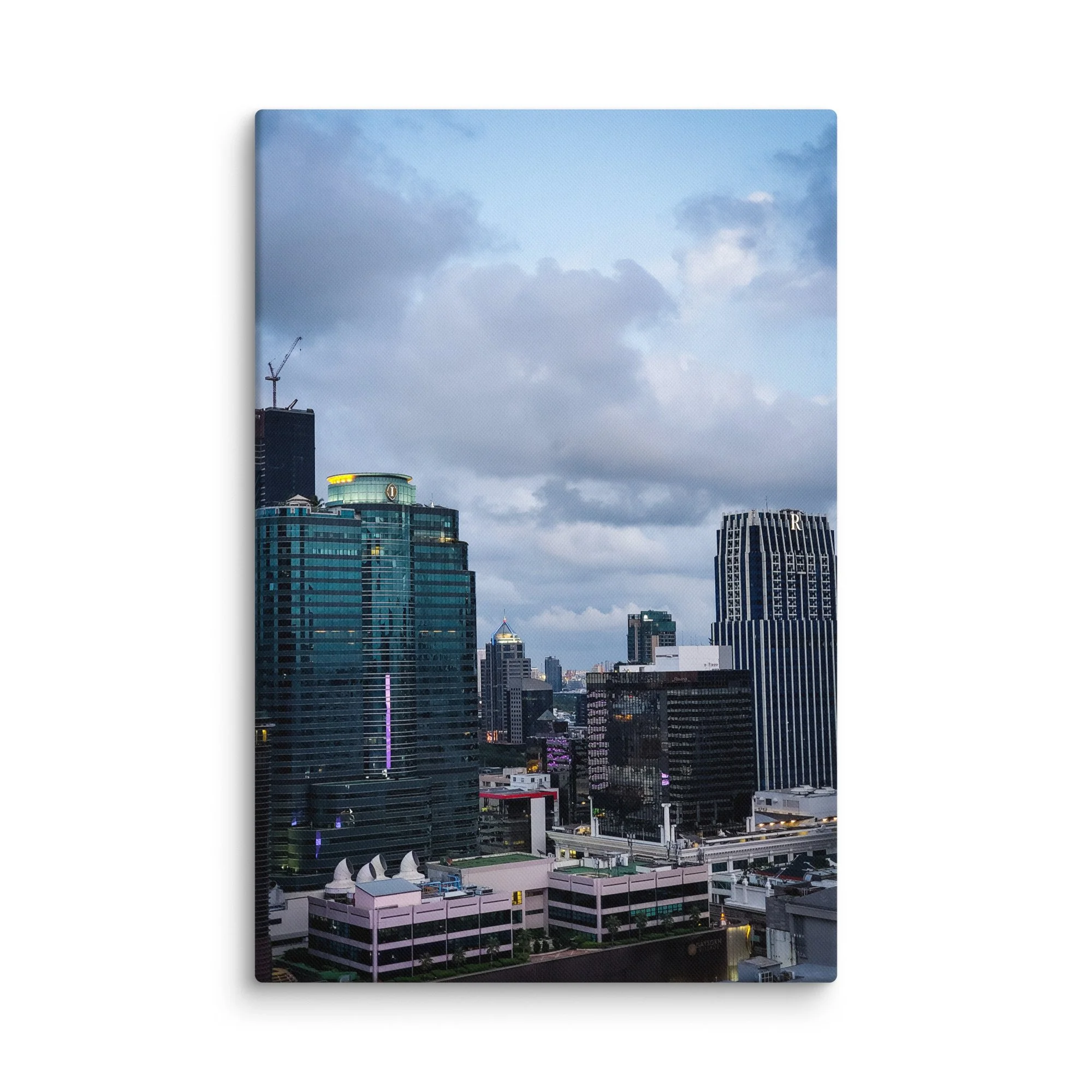 Elegant twilight Bangkok skyline from high-rise with modern skyscrapers, glowing towers and purple-blue sky – Thailand urban travel photography canvas print wall art decor