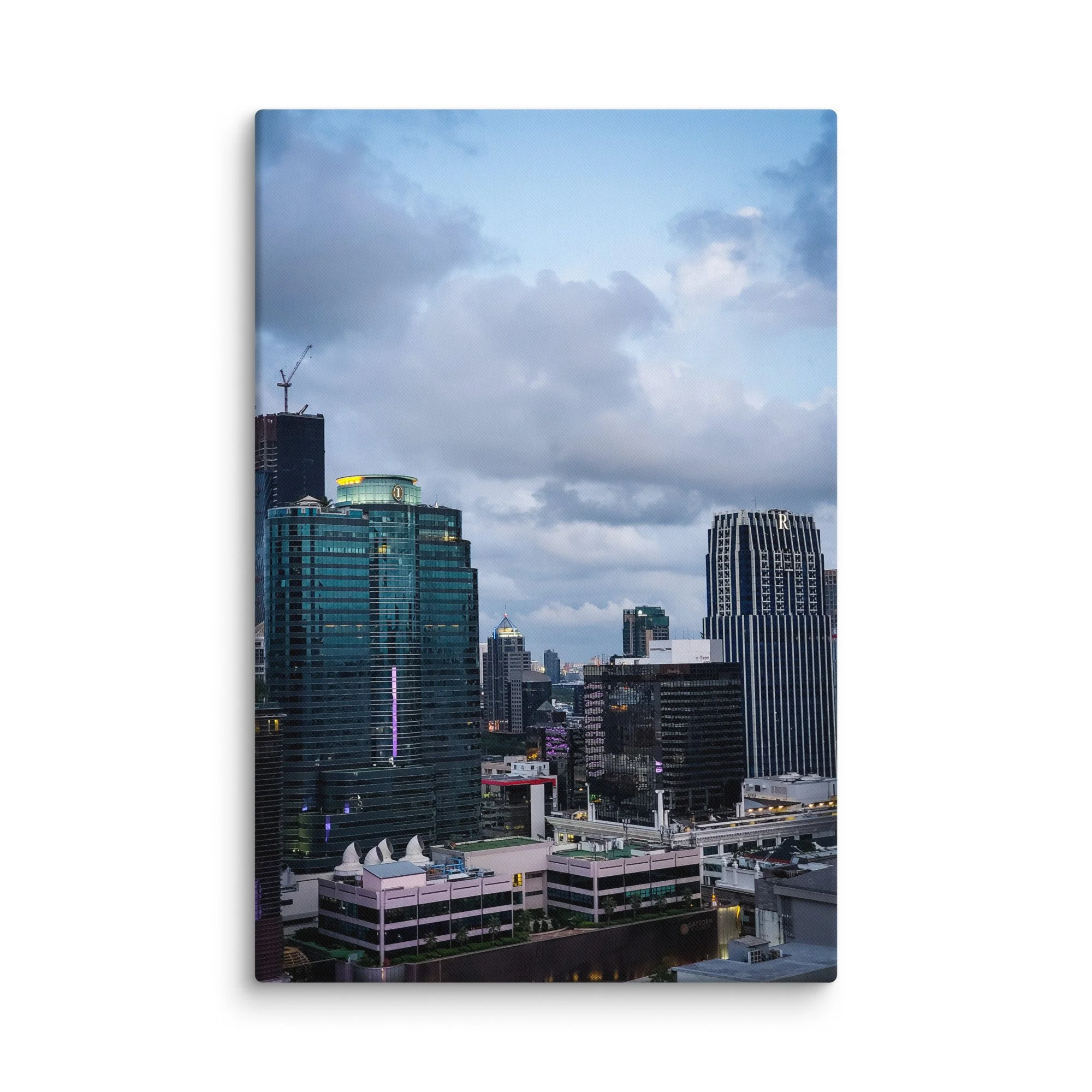 Elegant twilight Bangkok skyline from high-rise with modern skyscrapers, glowing towers and purple-blue sky – Thailand urban travel photography canvas print wall art decor