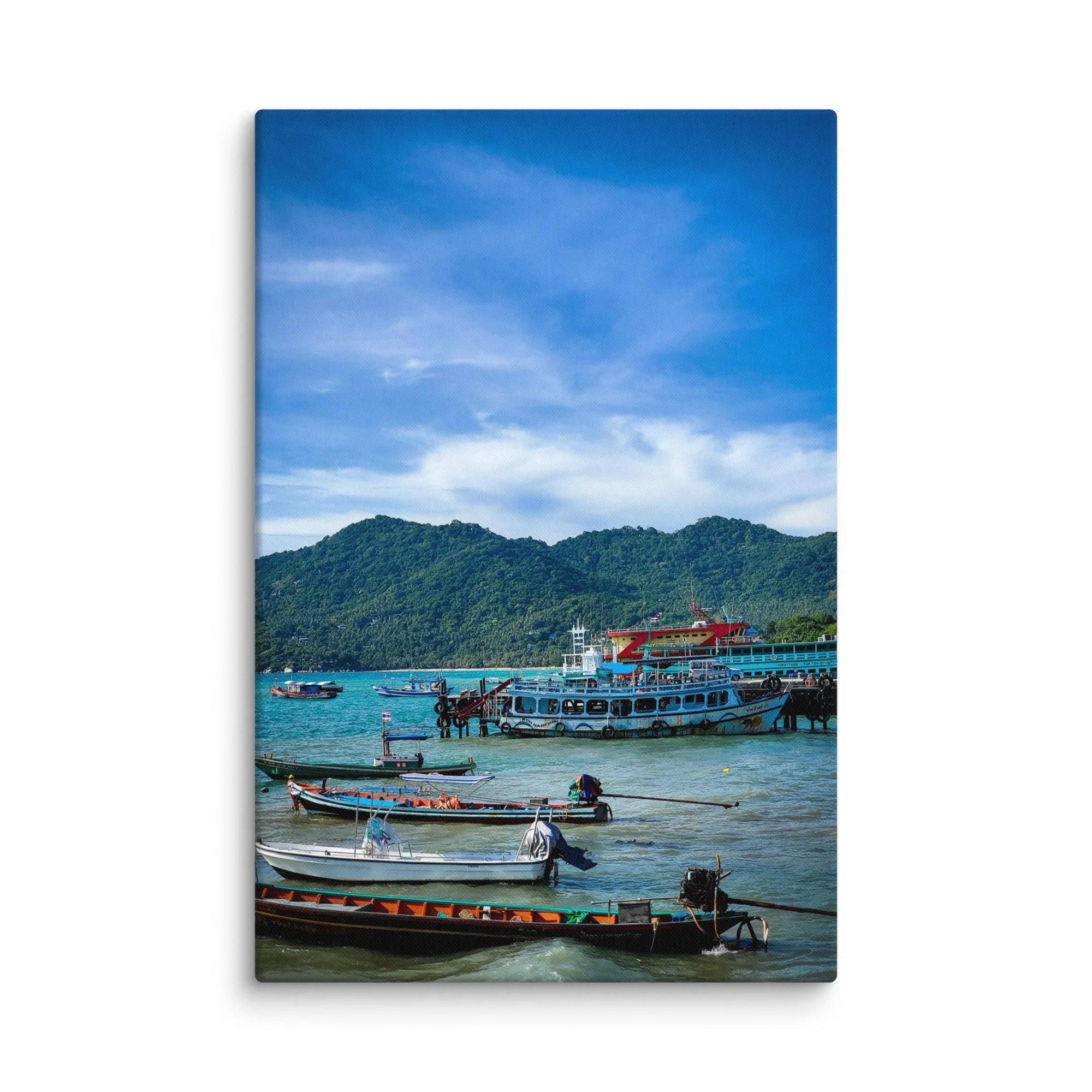 Serene Phuket harbor with colorful longtail boats, ferries and turquoise waters against green hills – tropical Thailand travel photography canvas print wall art decor