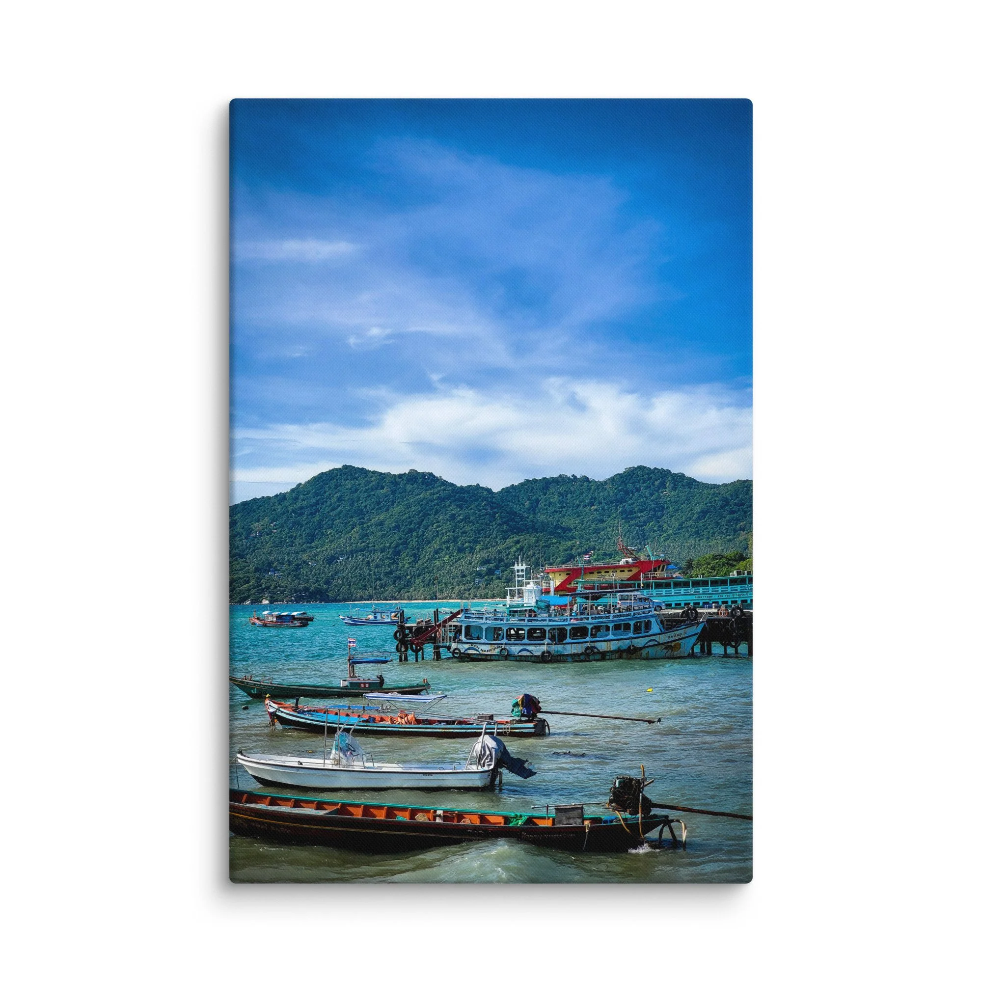 Serene Phuket harbor with colorful longtail boats, ferries and turquoise waters against green hills – tropical Thailand travel photography canvas print wall art decor