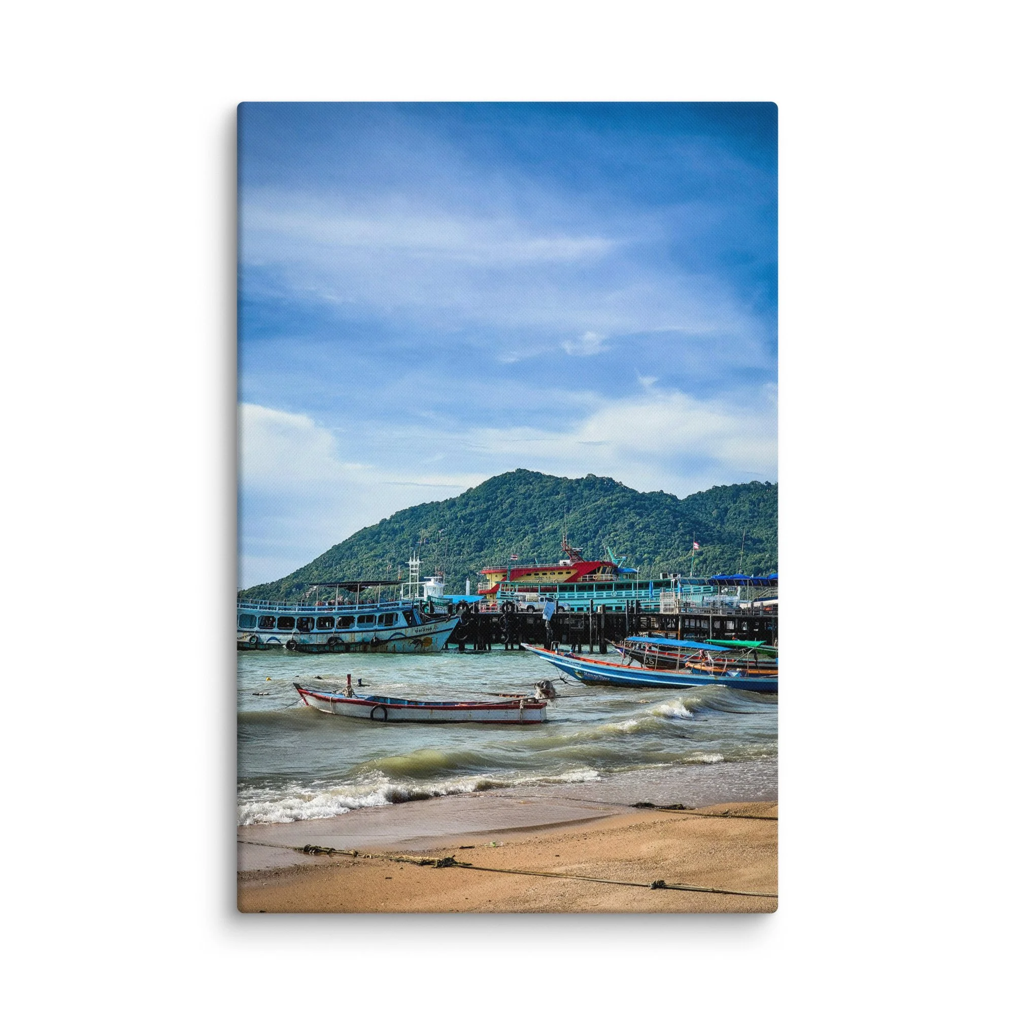 Serene Phuket harbor with colorful longtail boats, ferries and turquoise waters against green hills – tropical Thailand travel photography canvas print wall art decor