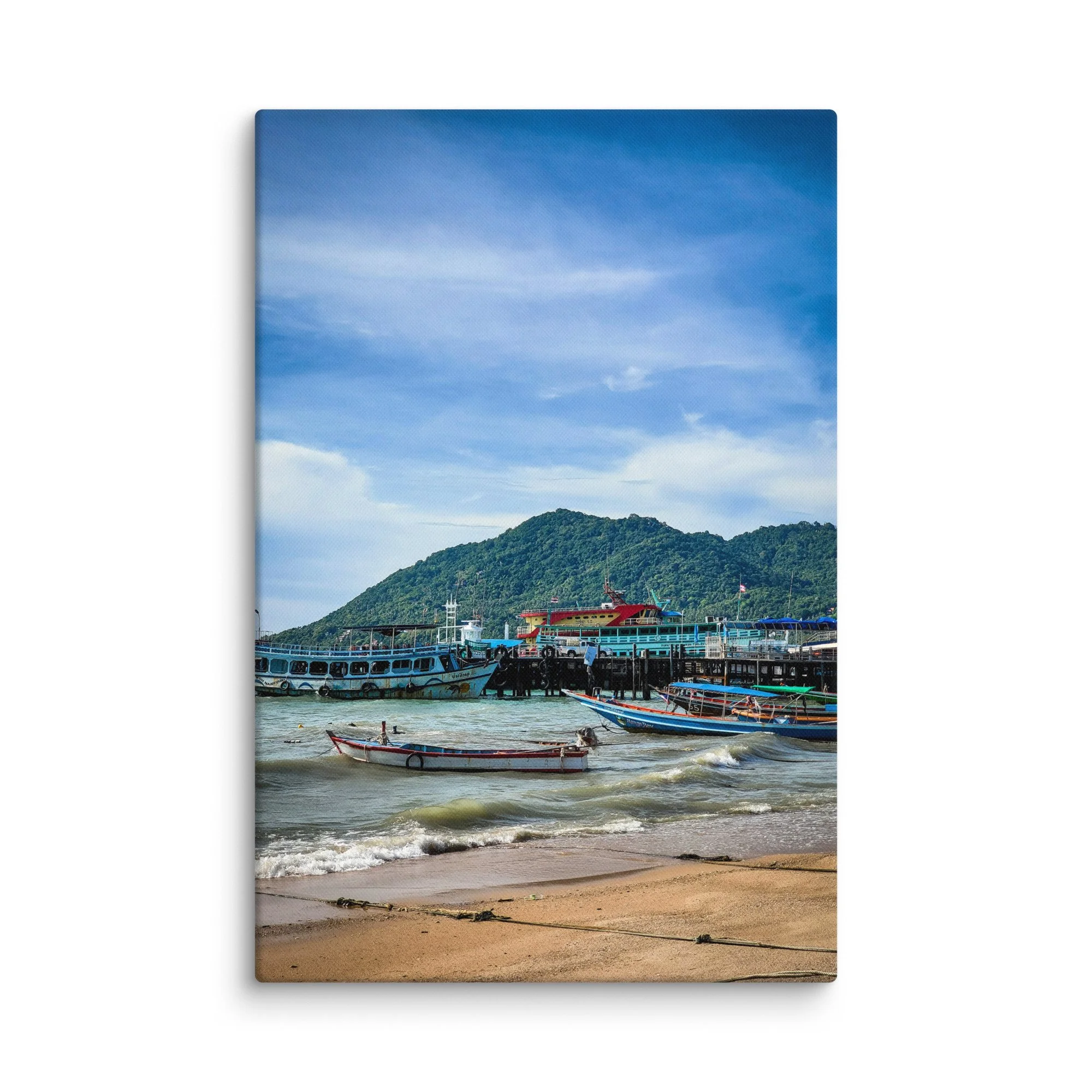 Serene Phuket harbor with colorful longtail boats, ferries and turquoise waters against green hills – tropical Thailand travel photography canvas print wall art decor