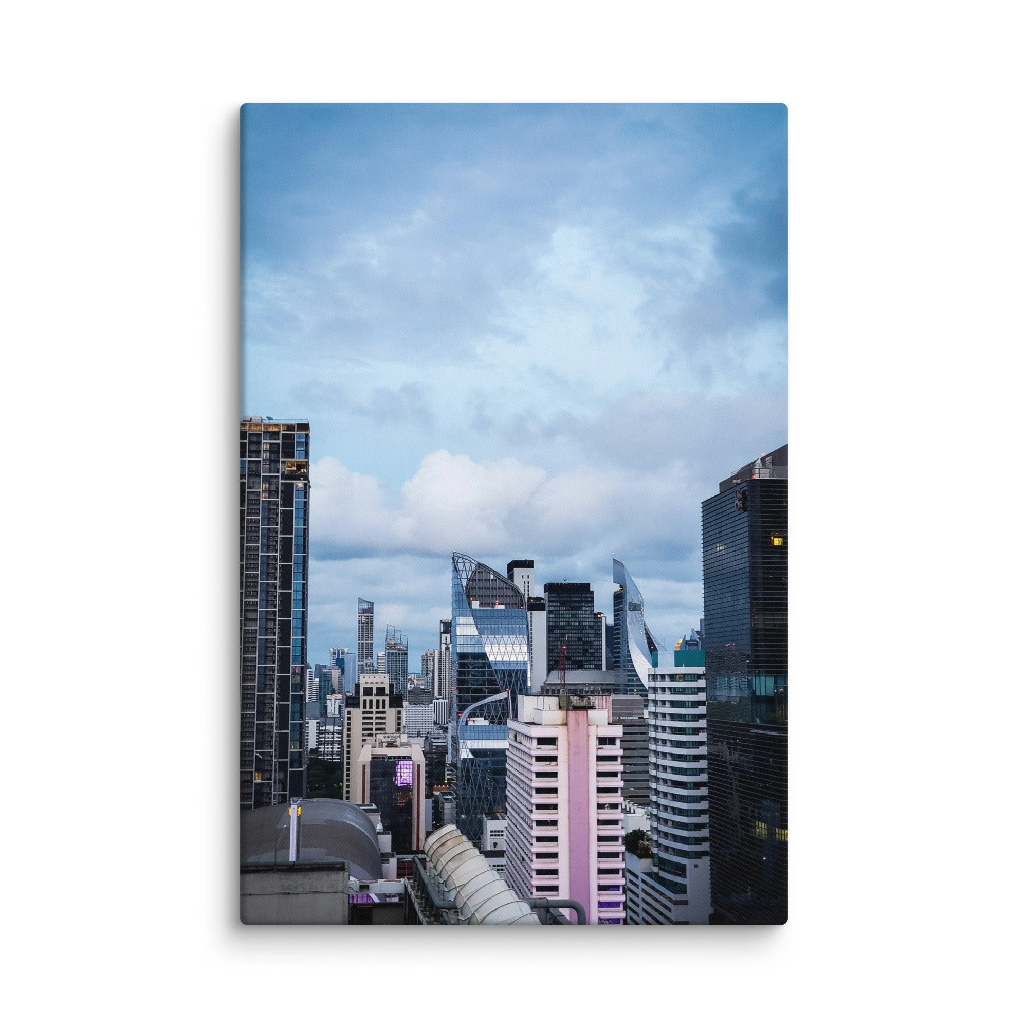 Elegant twilight Bangkok skyline from high-rise with modern skyscrapers, curved glass facades and soft cloudy sky – Thailand urban travel photography canvas print wall art decor