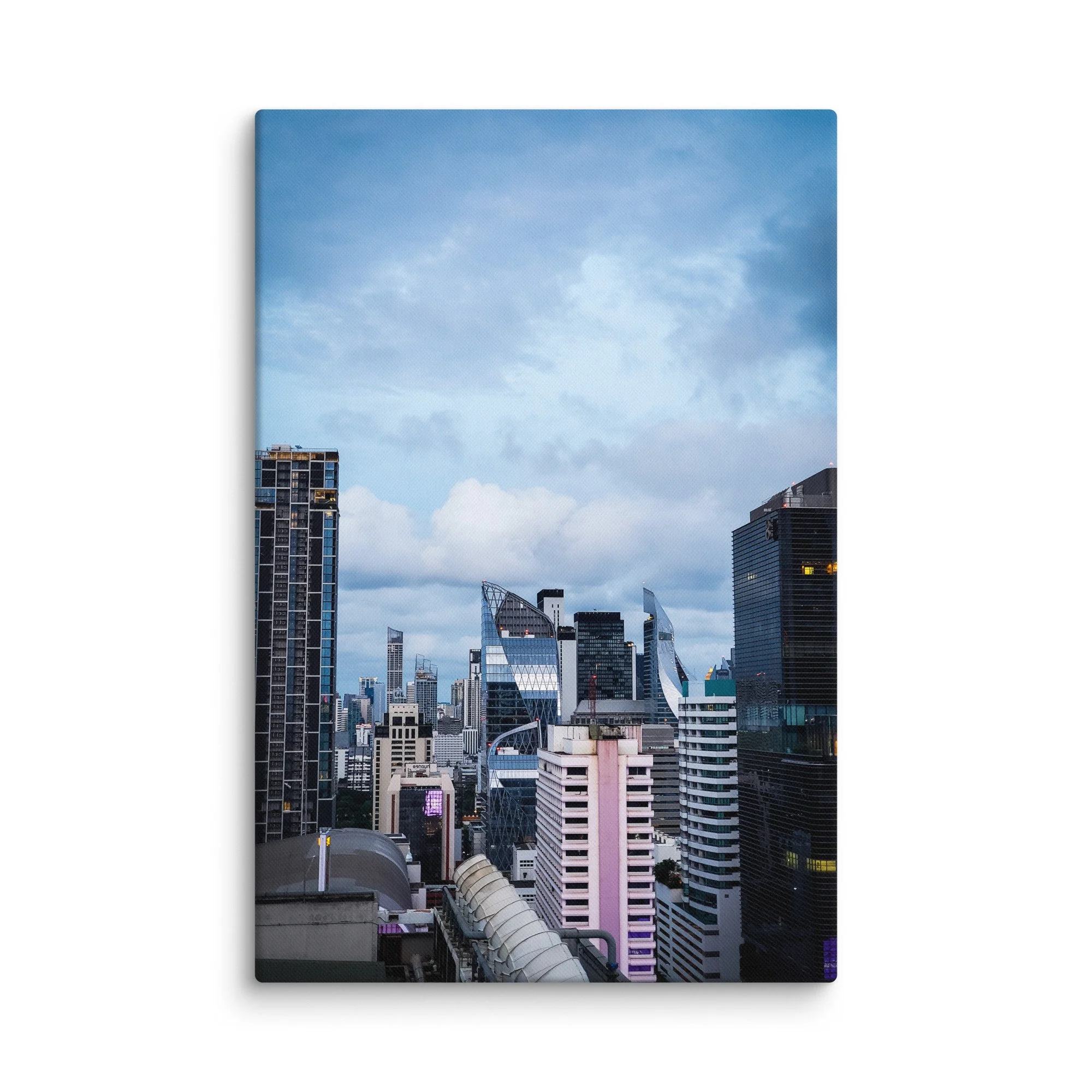 Elegant twilight Bangkok skyline from high-rise with modern skyscrapers, curved glass facades and soft cloudy sky – Thailand urban travel photography canvas print wall art decor