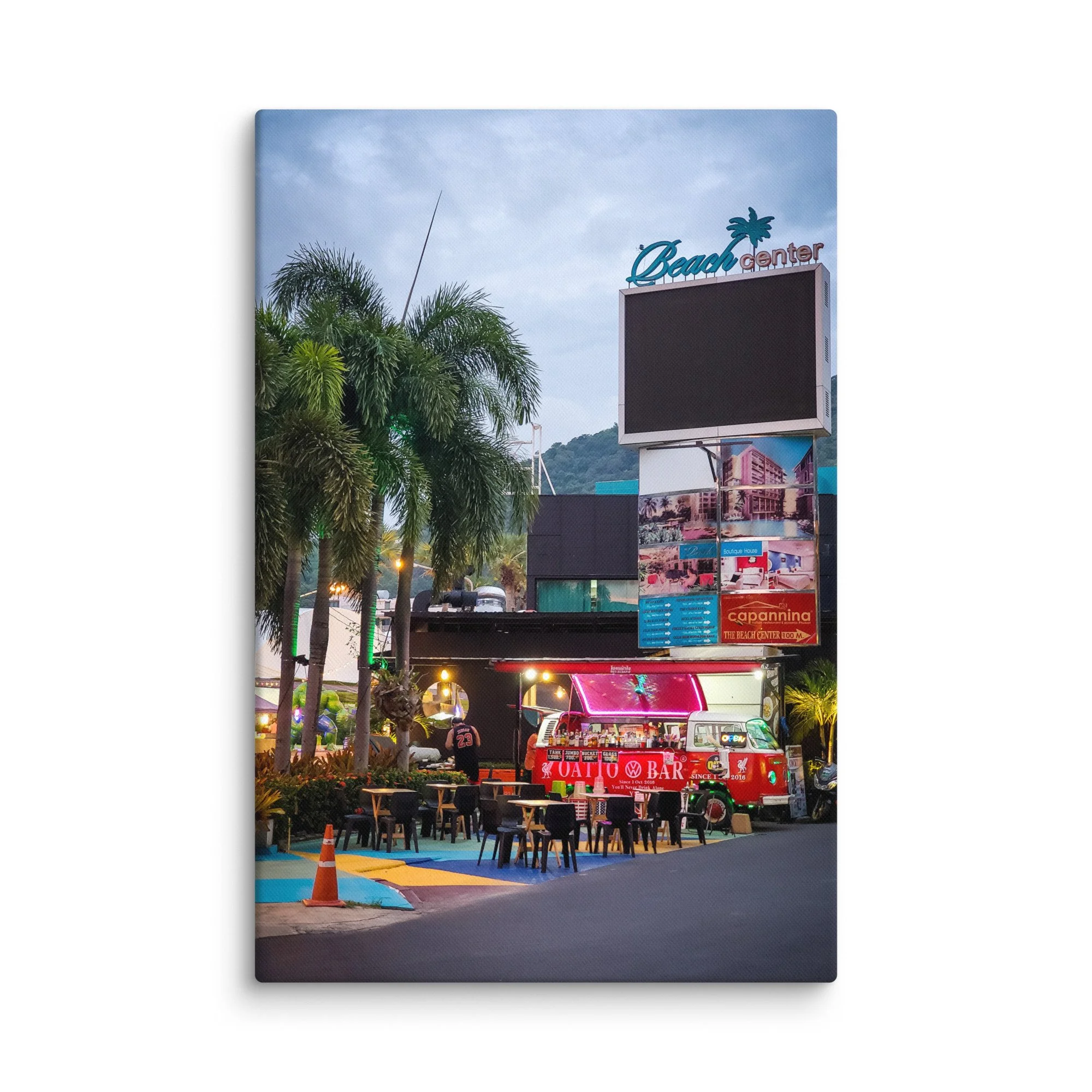 Vibrant Phuket beach bar with red VW van, palm trees and Beach Center sign at dusk – tropical Thailand travel photography canvas print wall art decor