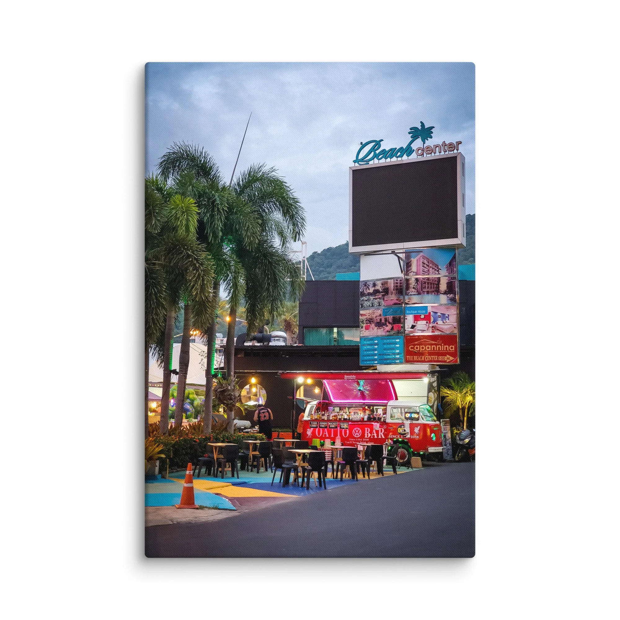 Vibrant Phuket beach bar with red VW van, palm trees and Beach Center sign at dusk – tropical Thailand travel photography canvas print wall art decor