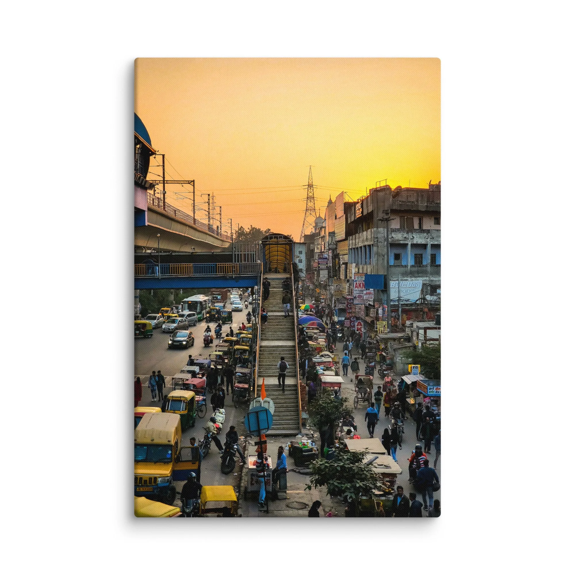 Golden sunset over bustling Delhi Paharganj street with shop signs, overhead wires, scooters and crowds – authentic India travel photography canvas print wall art decor