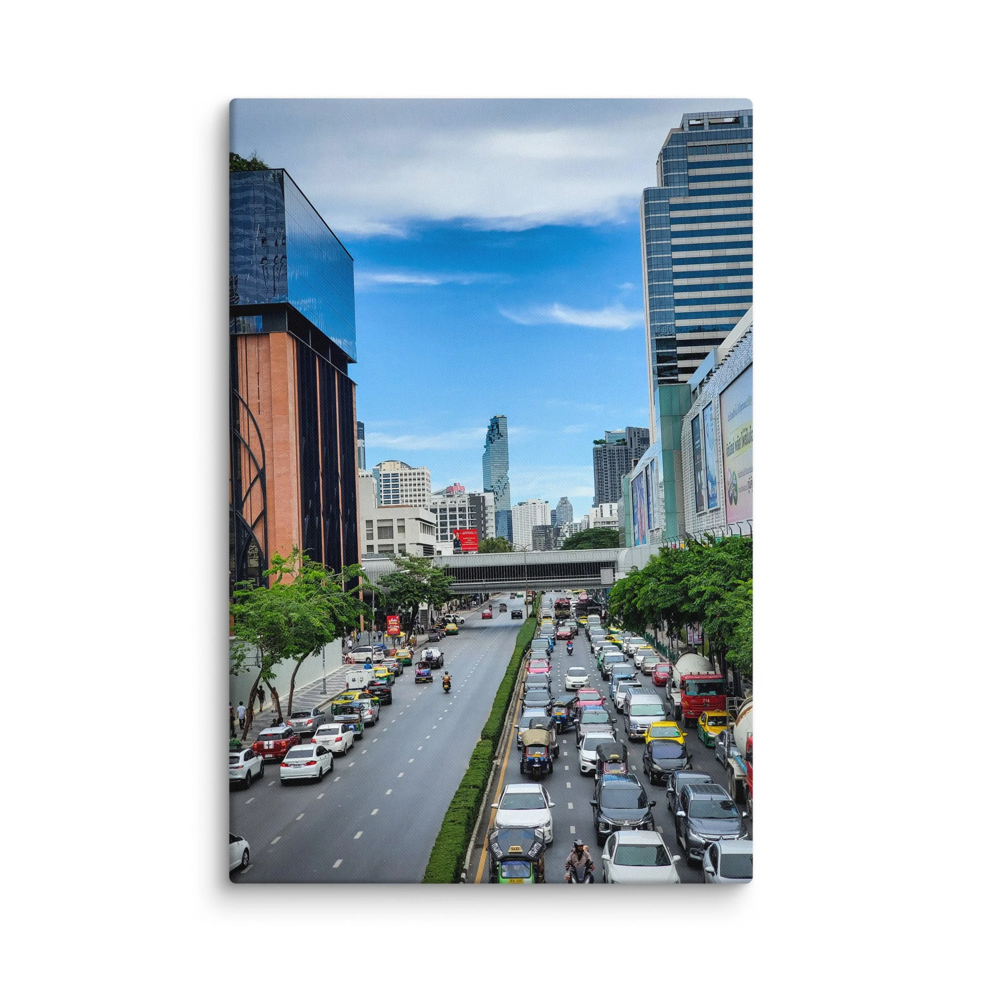 Panoramic daytime Bangkok skyline from high-rise with modern skyscrapers, glass towers and blue cloudy sky – Thailand urban travel photography canvas print wall art decor