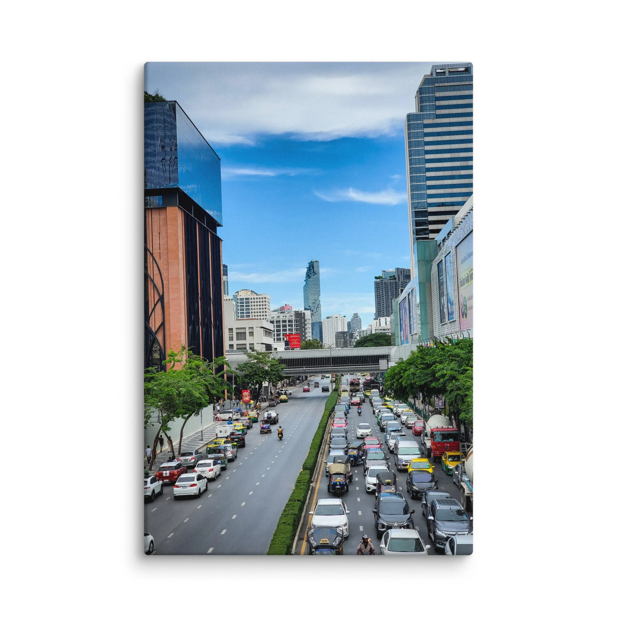 Panoramic daytime Bangkok skyline from high-rise with modern skyscrapers, glass towers and blue cloudy sky – Thailand urban travel photography canvas print wall art decor