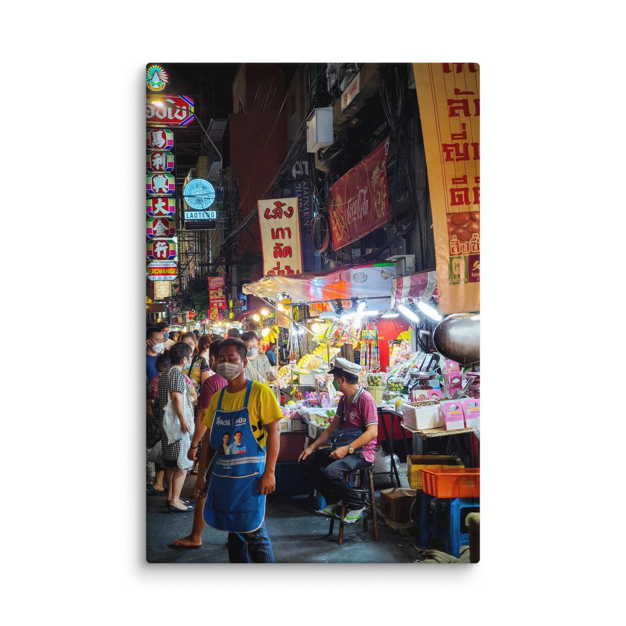 Vibrant nighttime Yaowarat Chinatown Bangkok with neon signs, street food stalls, vendors and crowds – Thailand neon travel photography canvas print wall art decor