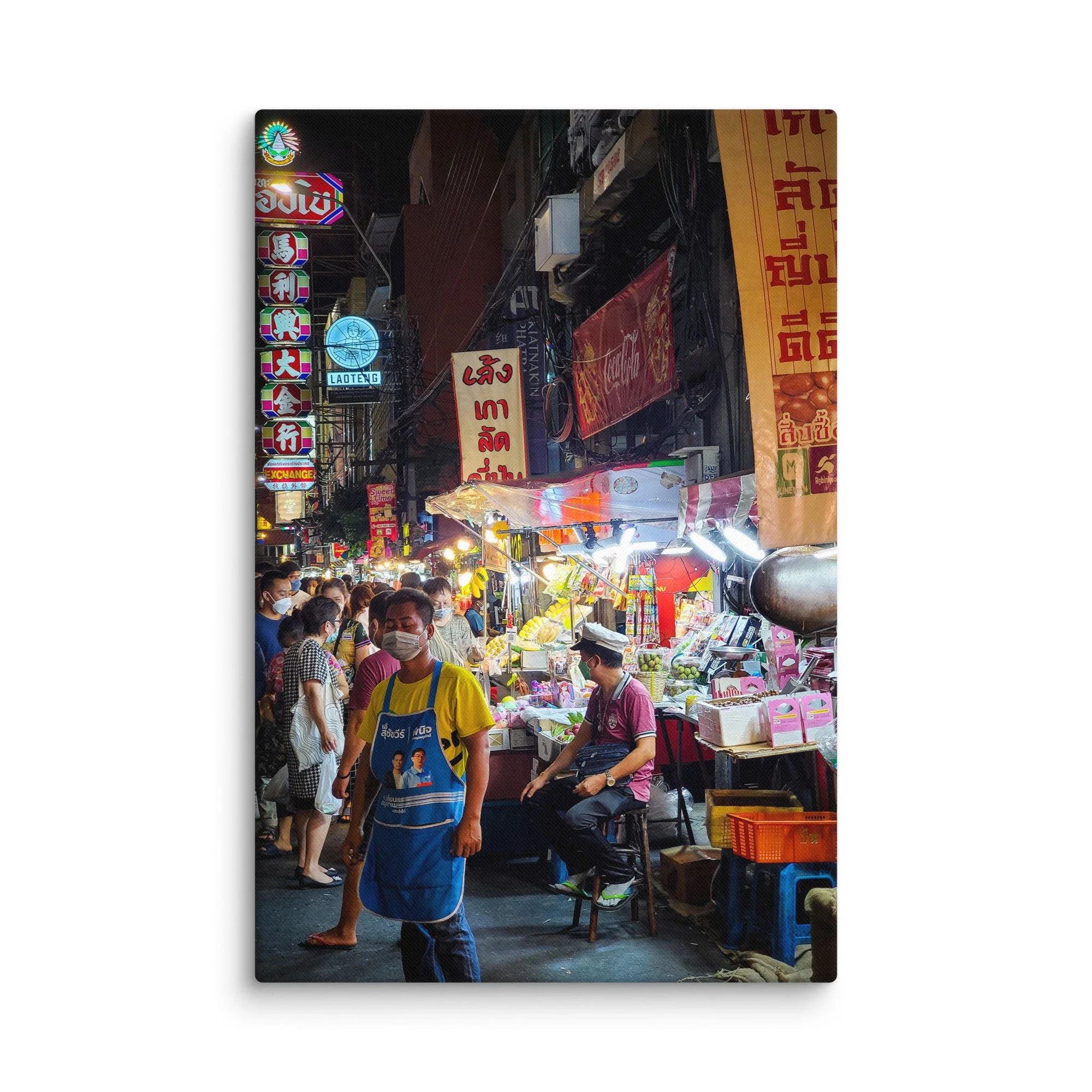 Vibrant nighttime Yaowarat Chinatown Bangkok with neon signs, street food stalls, vendors and crowds – Thailand neon travel photography canvas print wall art decor