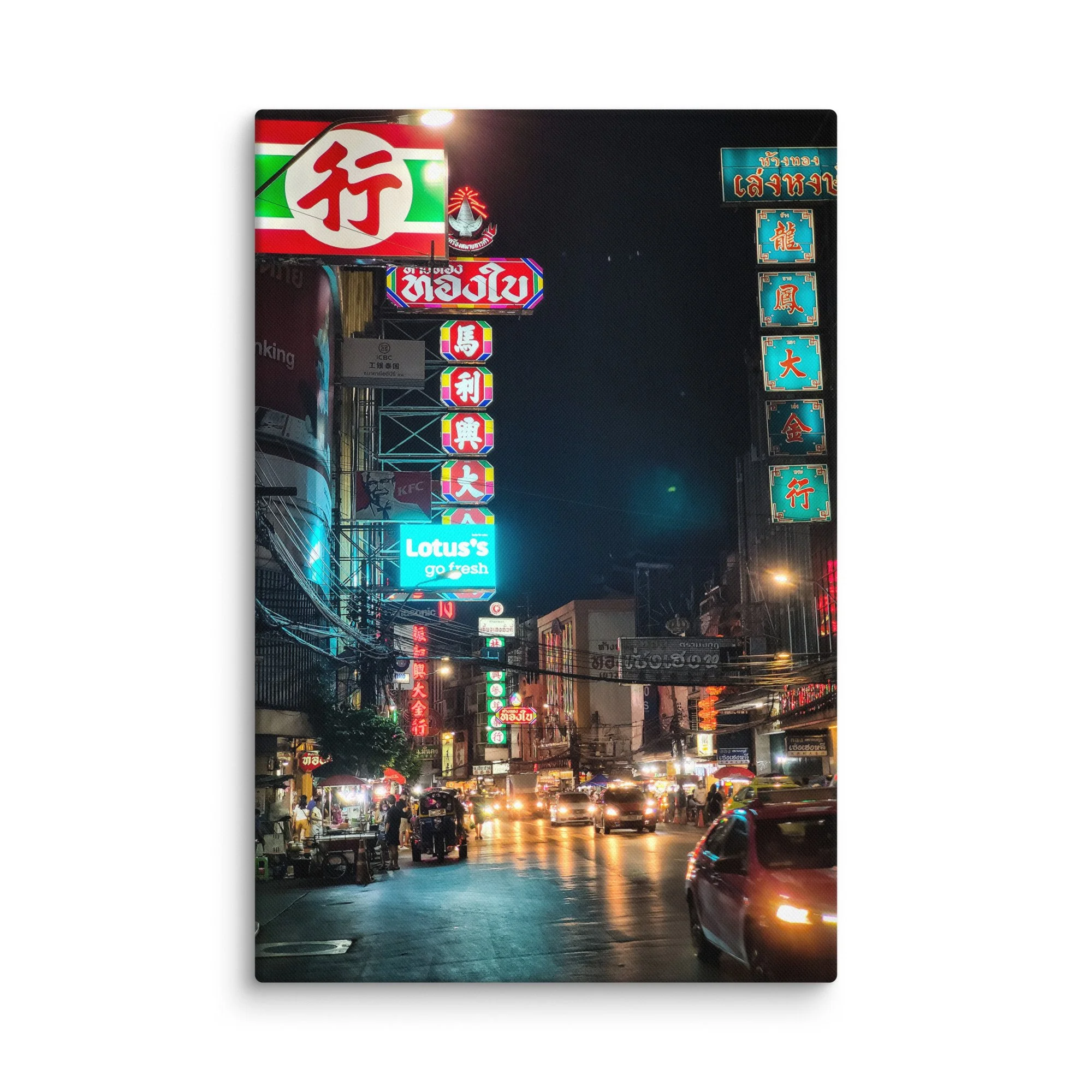 Vibrant nighttime Yaowarat Chinatown Bangkok with colorful neon signs in Thai & Chinese, street vendors and bustling energy – Thailand neon travel photography canvas print wall art decor