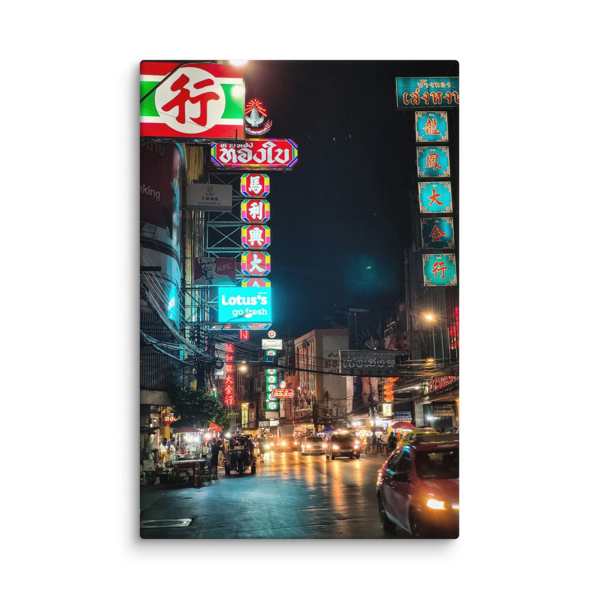 Vibrant nighttime Yaowarat Chinatown Bangkok with colorful neon signs in Thai & Chinese, street vendors and bustling energy – Thailand neon travel photography canvas print wall art decor