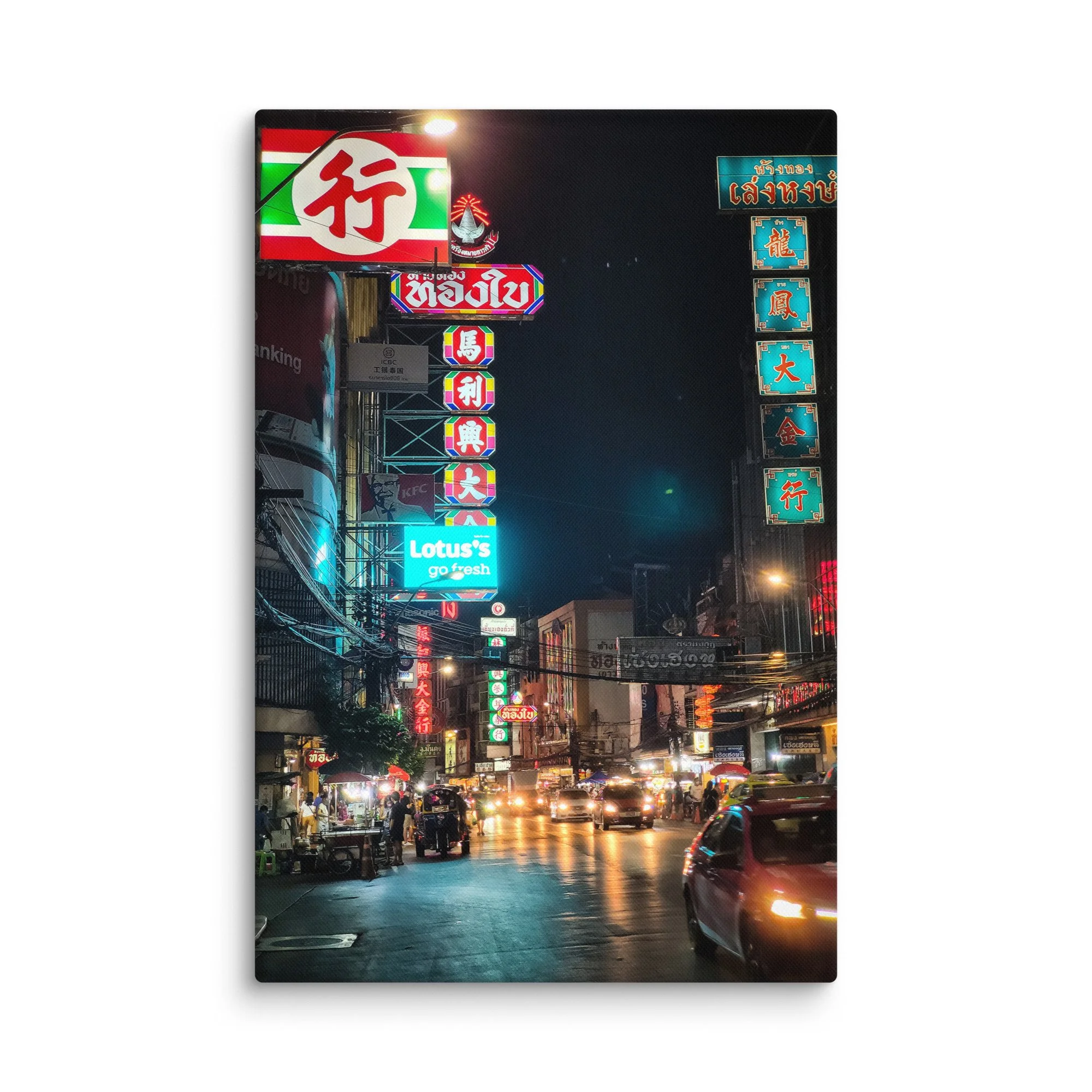 Vibrant nighttime Yaowarat Chinatown Bangkok with colorful neon signs in Thai & Chinese, street vendors and bustling energy – Thailand neon travel photography canvas print wall art decor