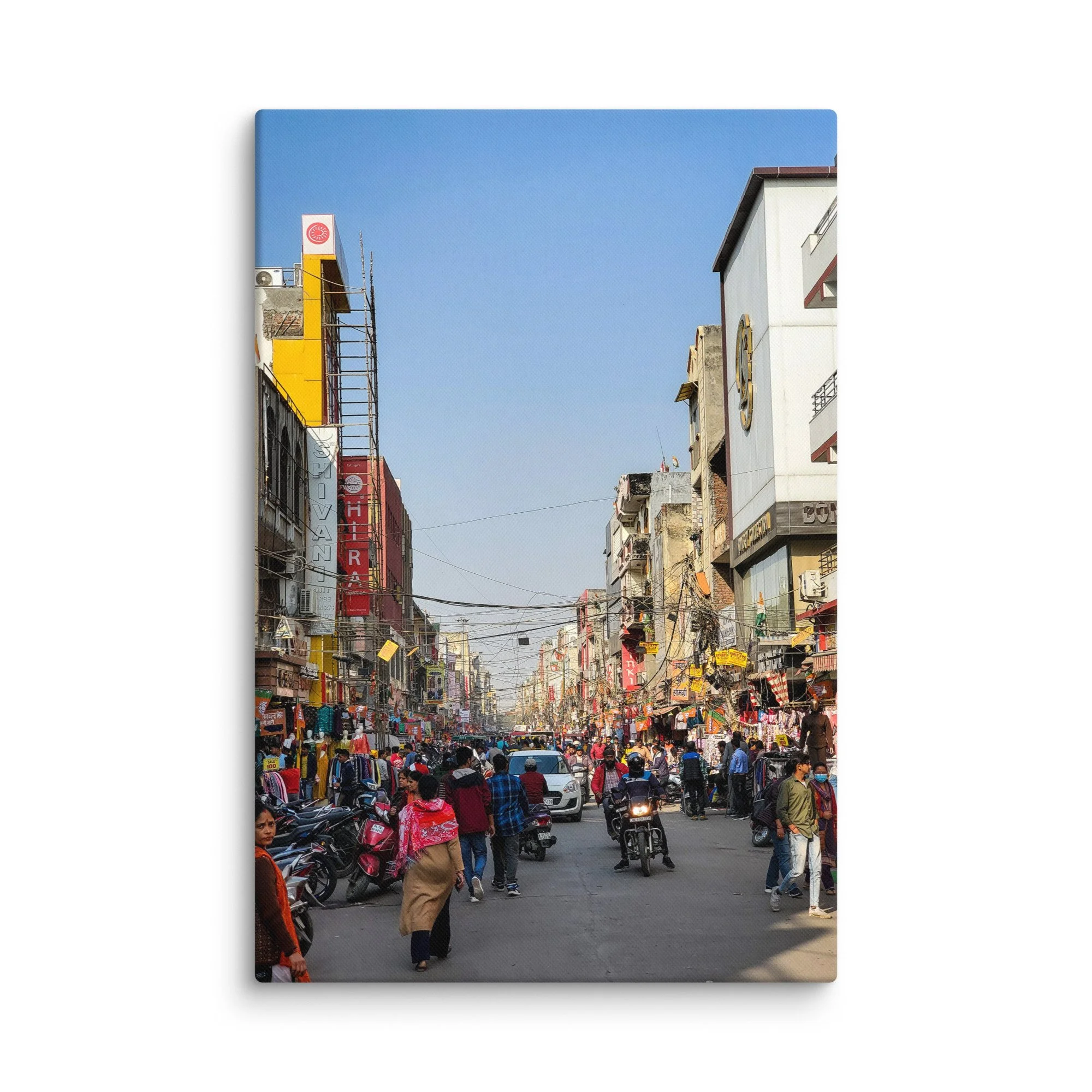 Golden sunset over bustling Delhi Paharganj street with shop signs, overhead wires, scooters and crowds – authentic India travel photography canvas print wall art decor