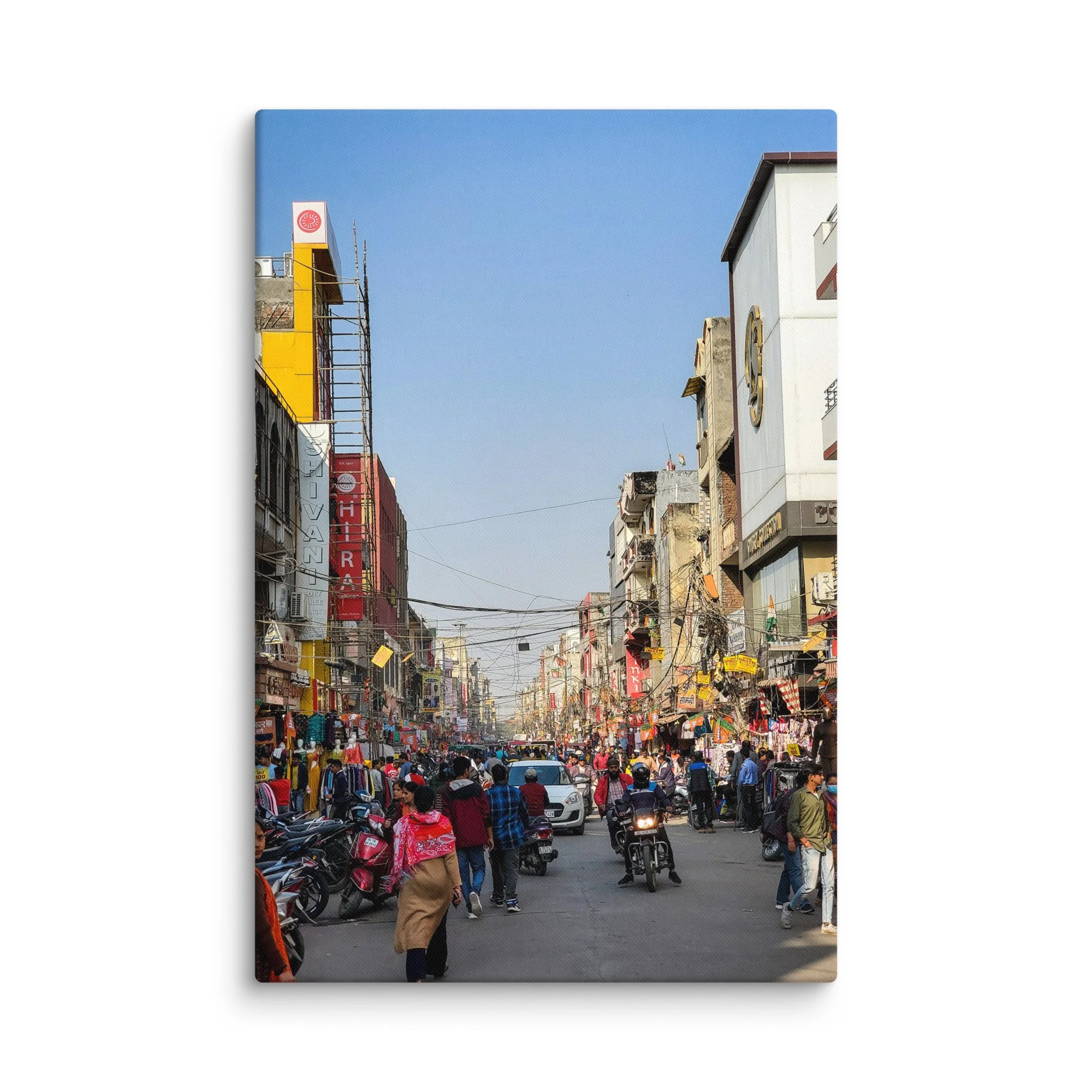 Golden sunset over bustling Delhi Paharganj street with shop signs, overhead wires, scooters and crowds – authentic India travel photography canvas print wall art decor