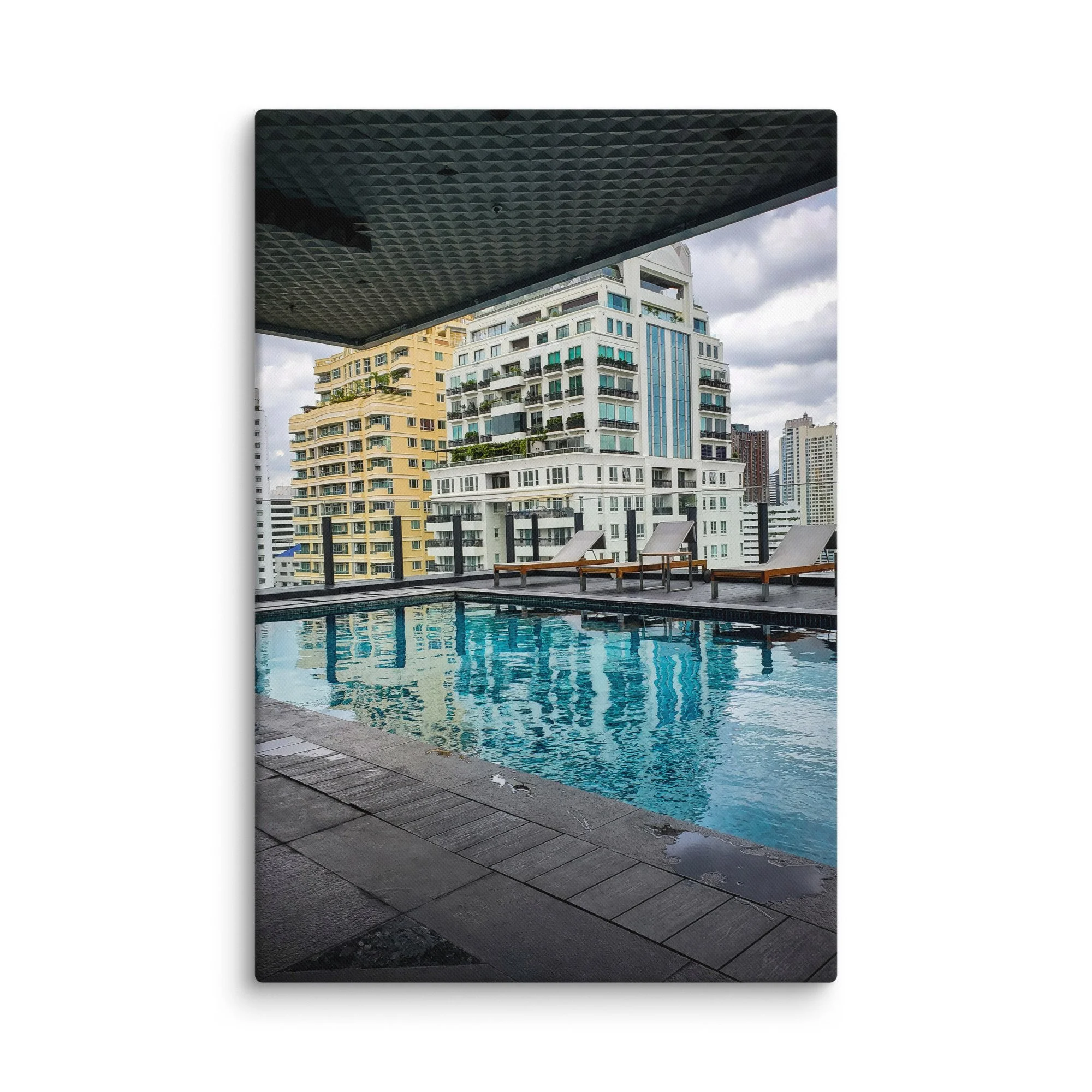Luxurious Bangkok rooftop infinity pool overlooking modern skyscrapers and city skyline under cloudy sky – Thailand urban travel photography canvas print wall art decor