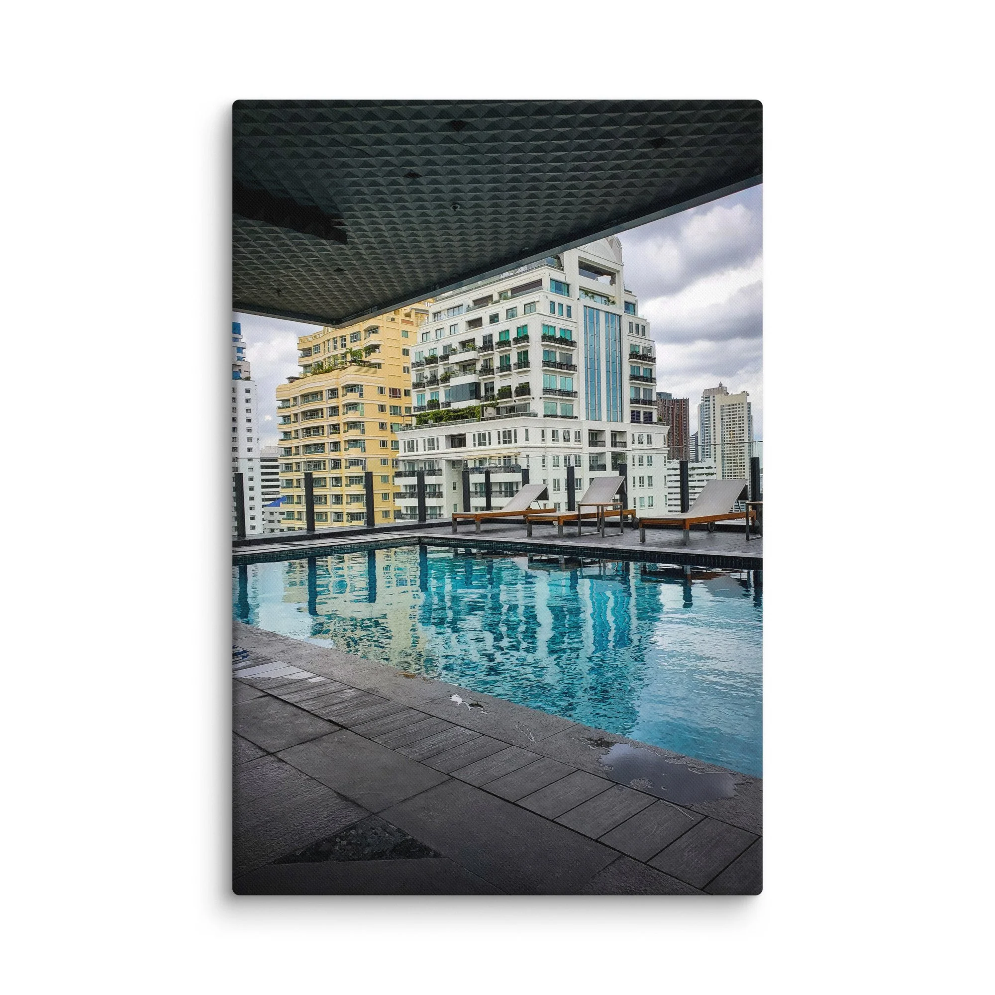 Luxurious Bangkok rooftop infinity pool overlooking modern skyscrapers and city skyline under cloudy sky – Thailand urban travel photography canvas print wall art decor