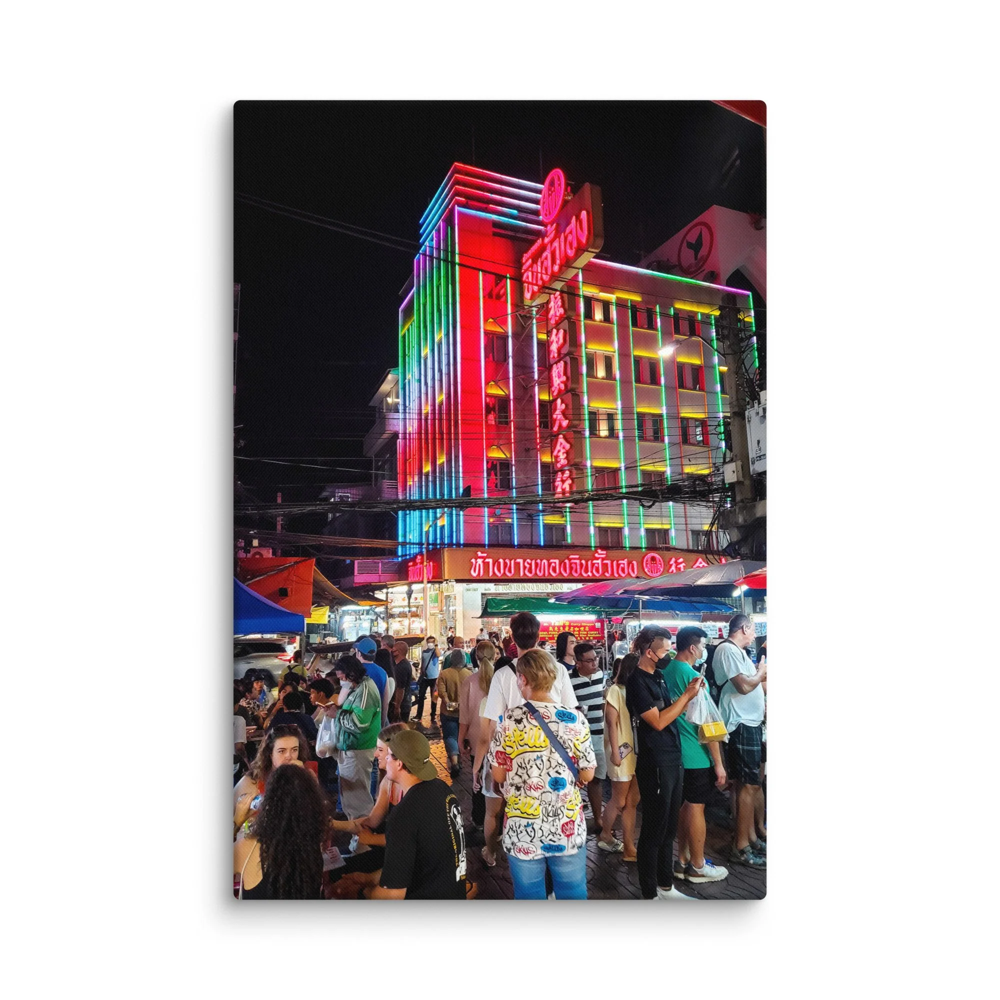 Vibrant nighttime Yaowarat Chinatown Bangkok with colorful neon signs in Thai & Chinese, street vendors and bustling energy – Thailand neon travel photography canvas print wall art decor