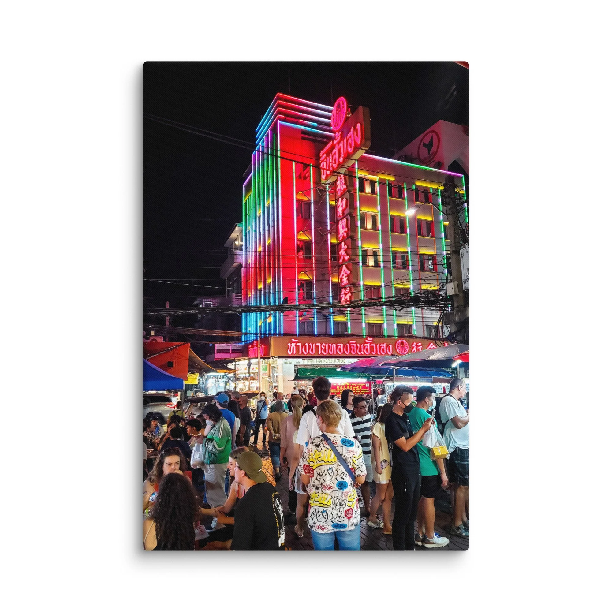 Vibrant nighttime Yaowarat Chinatown Bangkok with colorful neon signs in Thai & Chinese, street vendors and bustling energy – Thailand neon travel photography canvas print wall art decor