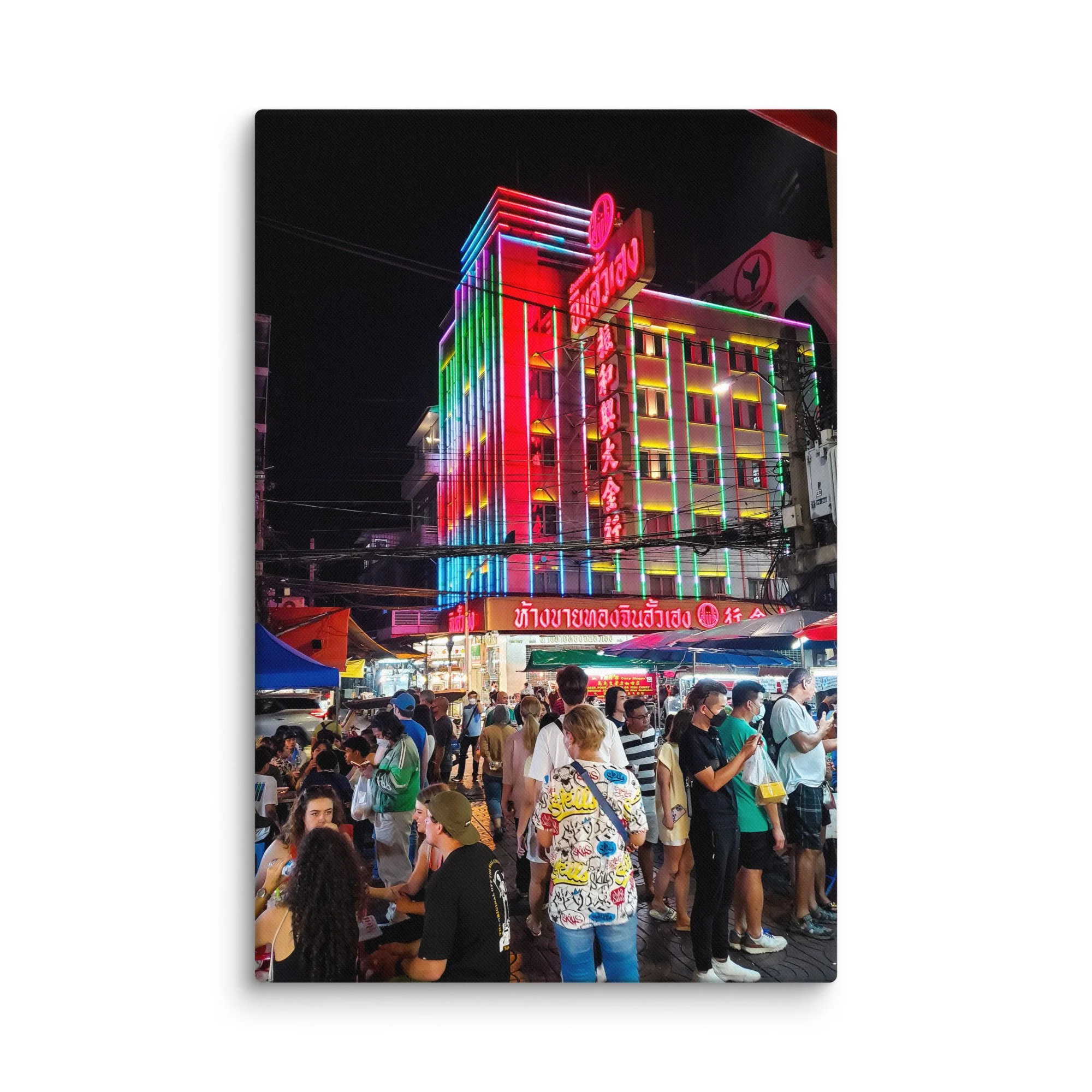 Vibrant nighttime Yaowarat Chinatown Bangkok with colorful neon signs in Thai & Chinese, street vendors and bustling energy – Thailand neon travel photography canvas print wall art decor