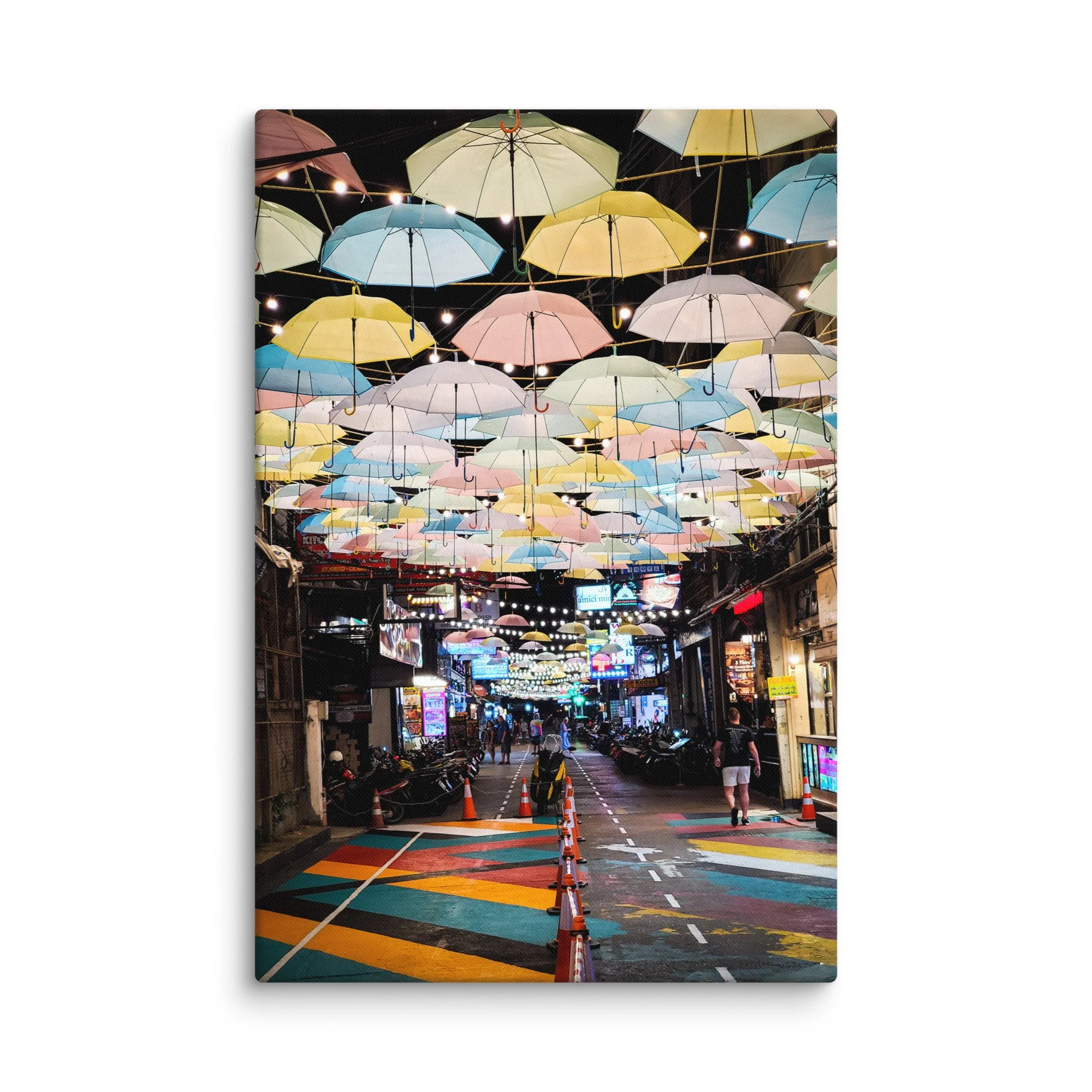 Vibrant Phuket night alley with multicolored umbrella canopy, colorful painted road and glowing lights – Thailand travel photography canvas print wall art decor