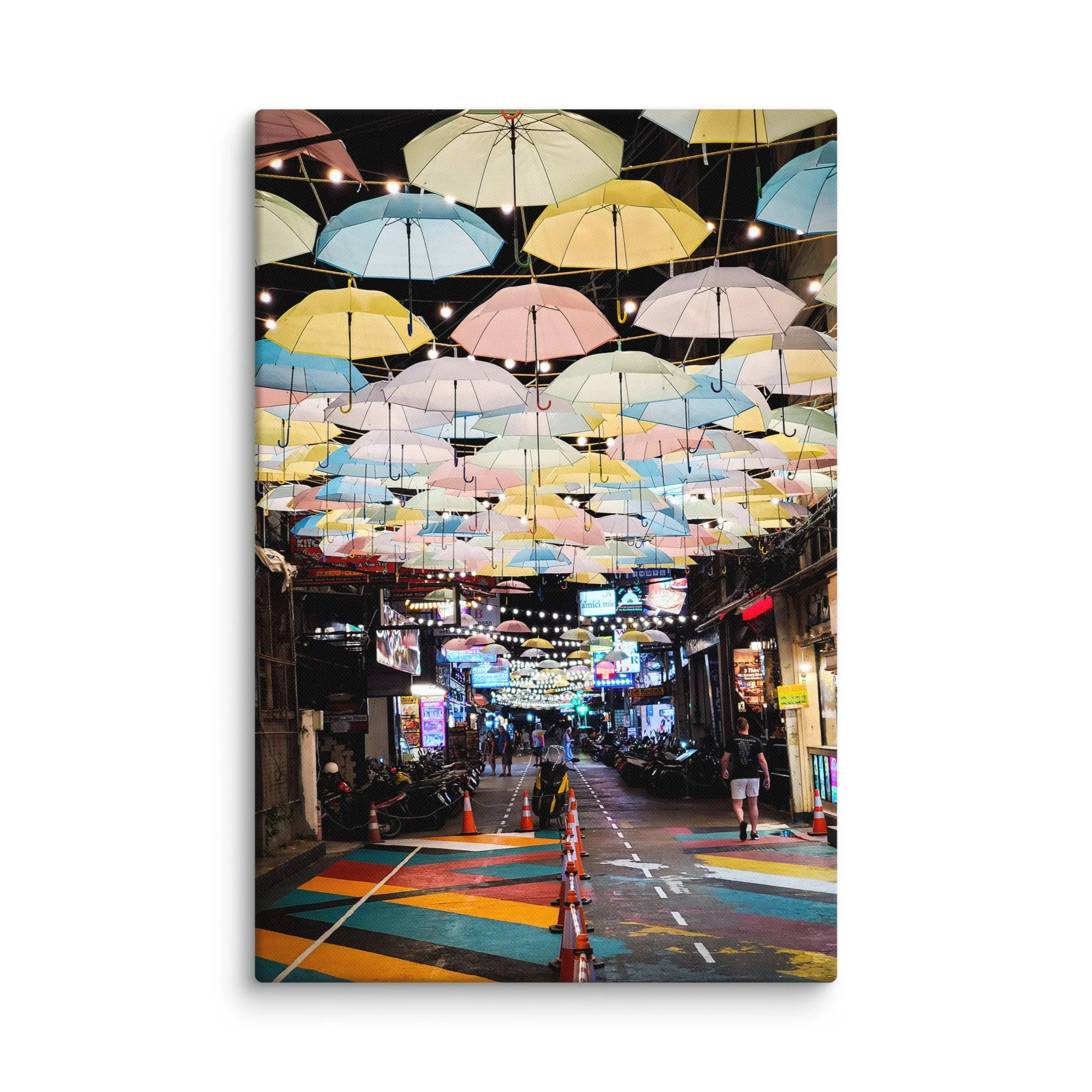 Vibrant Phuket night alley with multicolored umbrella canopy, colorful painted road and glowing lights – Thailand travel photography canvas print wall art decor