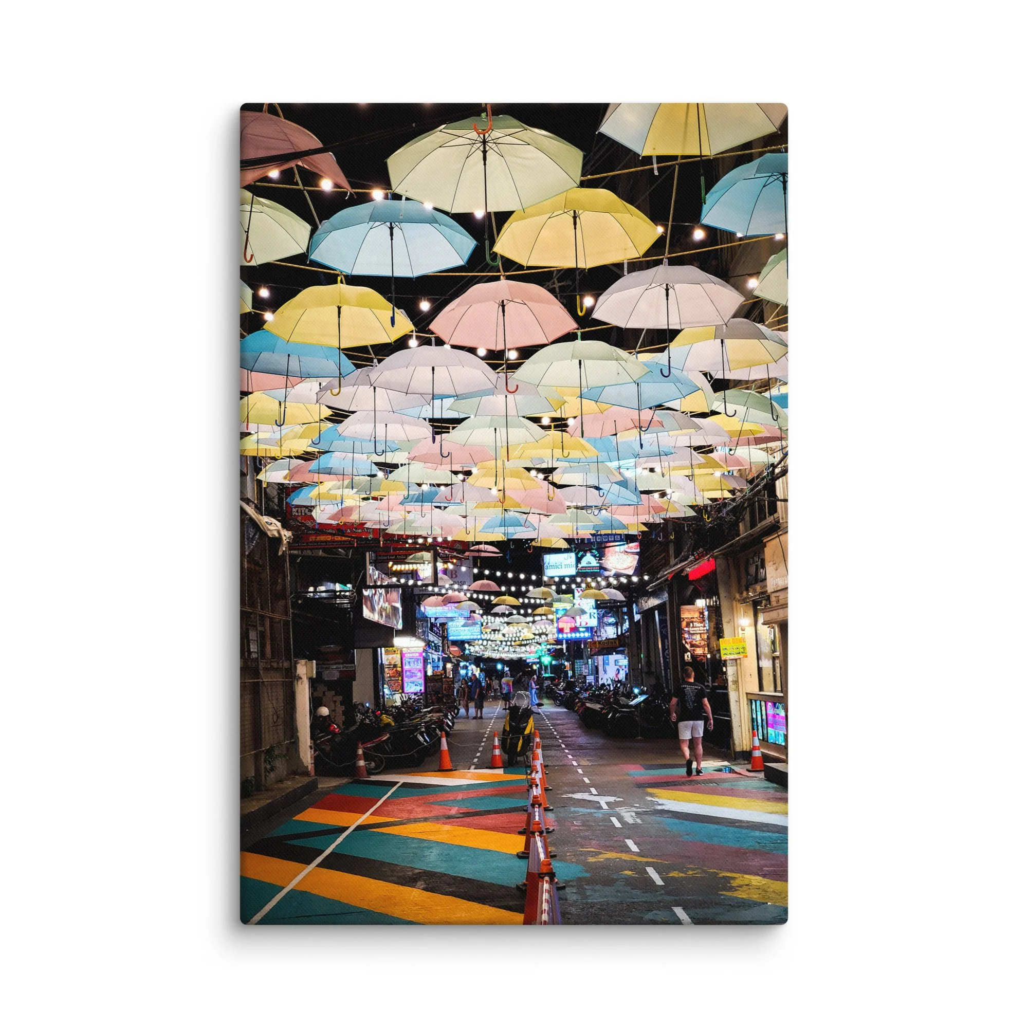 Vibrant Phuket night alley with multicolored umbrella canopy, colorful painted road and glowing lights – Thailand travel photography canvas print wall art decor